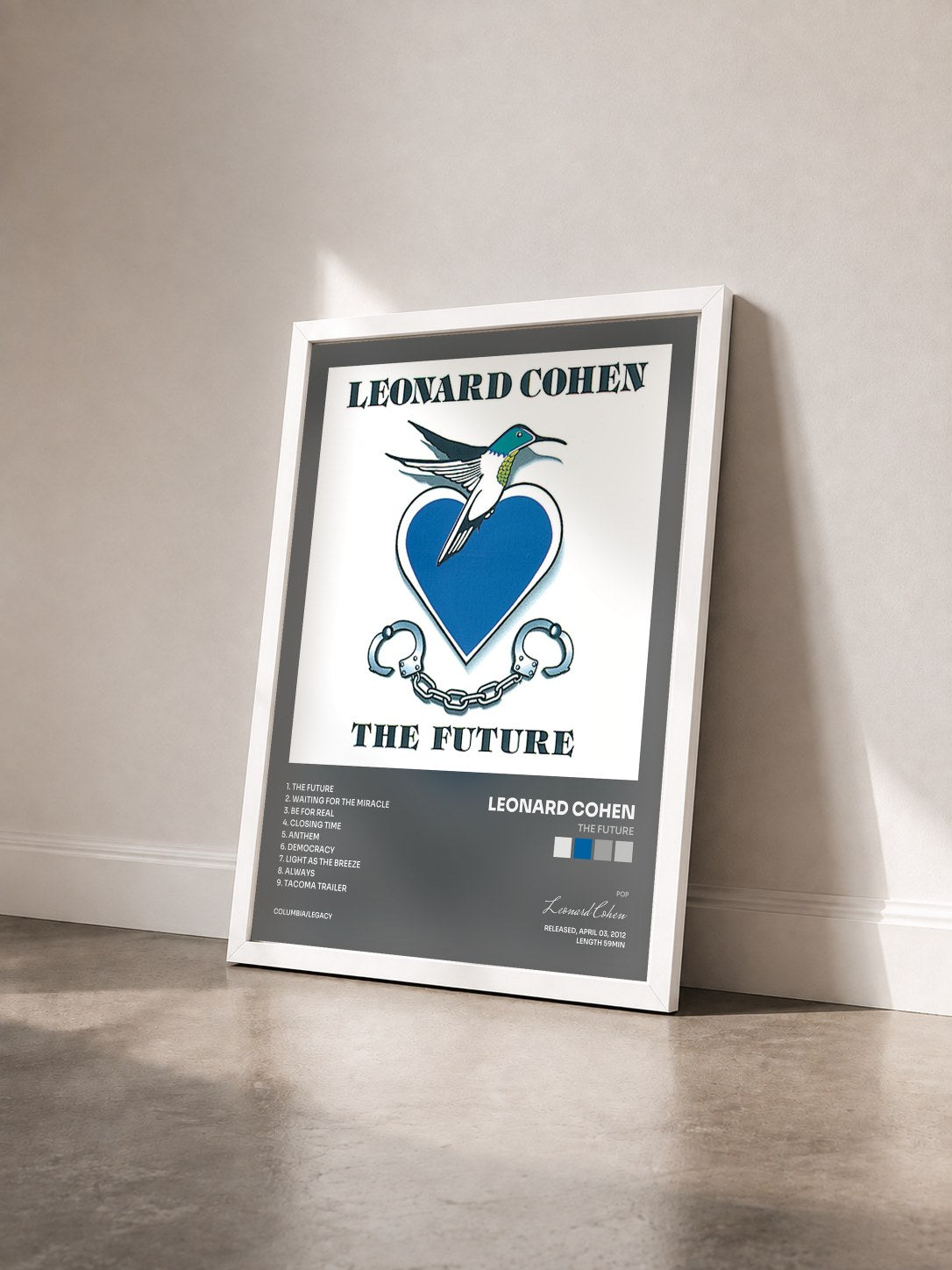 #blanc Tableau de l'album The Future de Leonard Cohen vu de trois quarts, cadre blanc