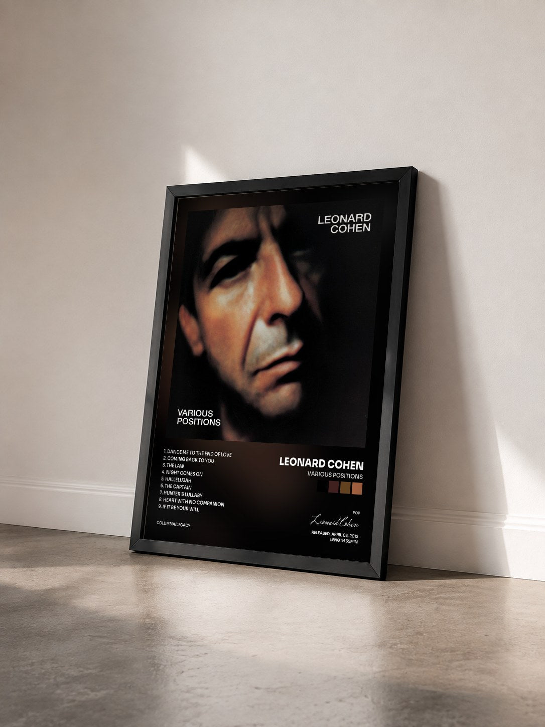 #noir Tableau de l'album Various Positions de Leonard Cohen vu de trois quarts, cadre noir