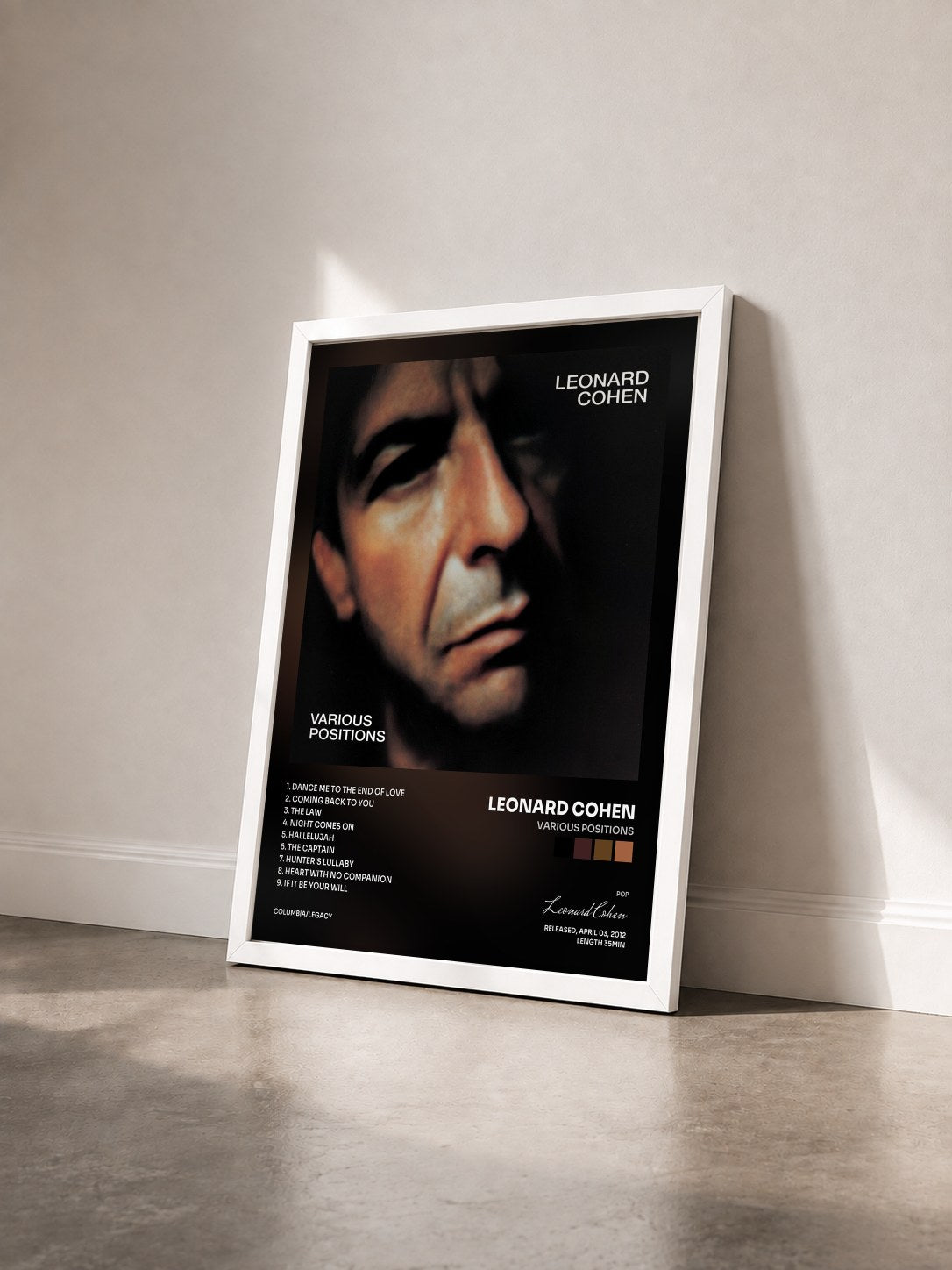 #blanc Tableau de l'album Various Positions de Leonard Cohen vu de trois quarts, cadre blanc
