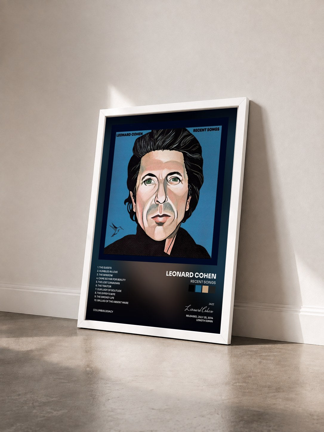 #blanc Tableau de l'album Recent Songs de Leonard Cohen vu de trois quarts, cadre blanc