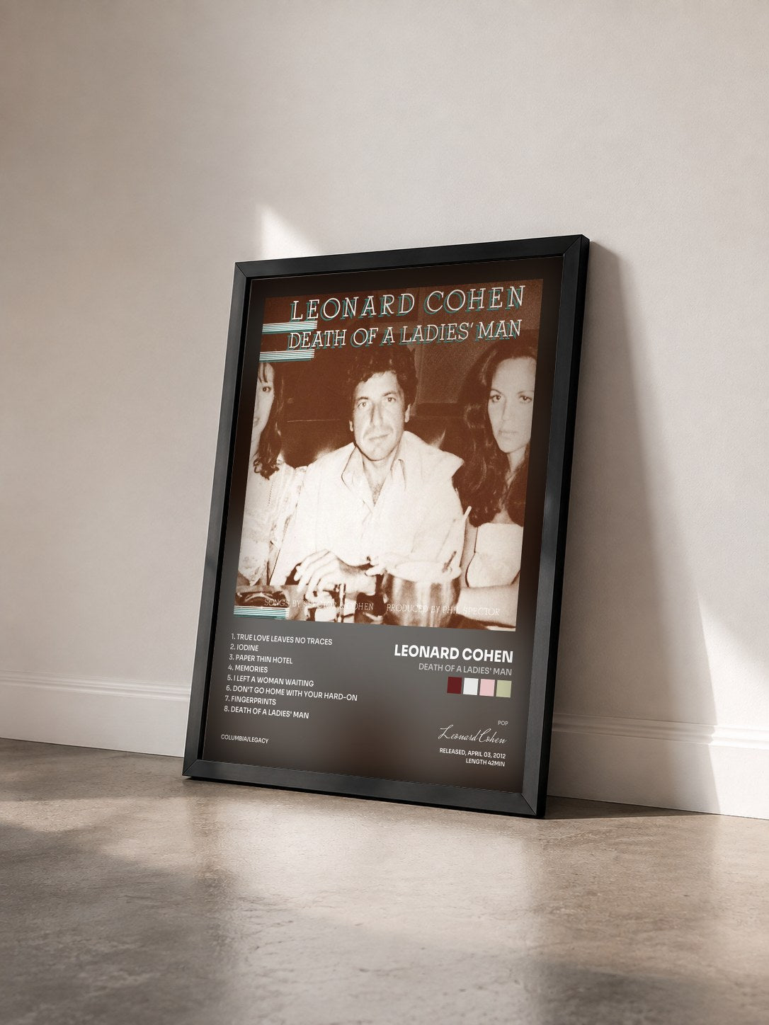 #noir Tableau de l'album Death Of A Ladies' Man de Leonard Cohen vu de trois quarts, cadre noir