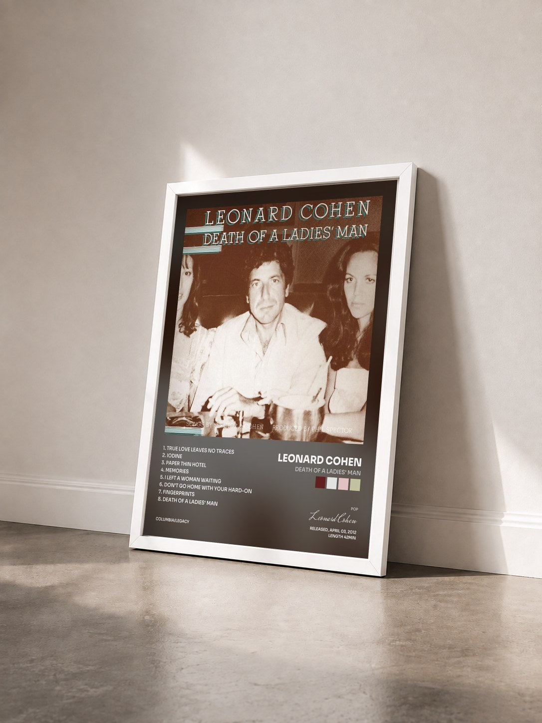 #blanc Tableau de l'album Death Of A Ladies' Man de Leonard Cohen vu de trois quarts, cadre blanc