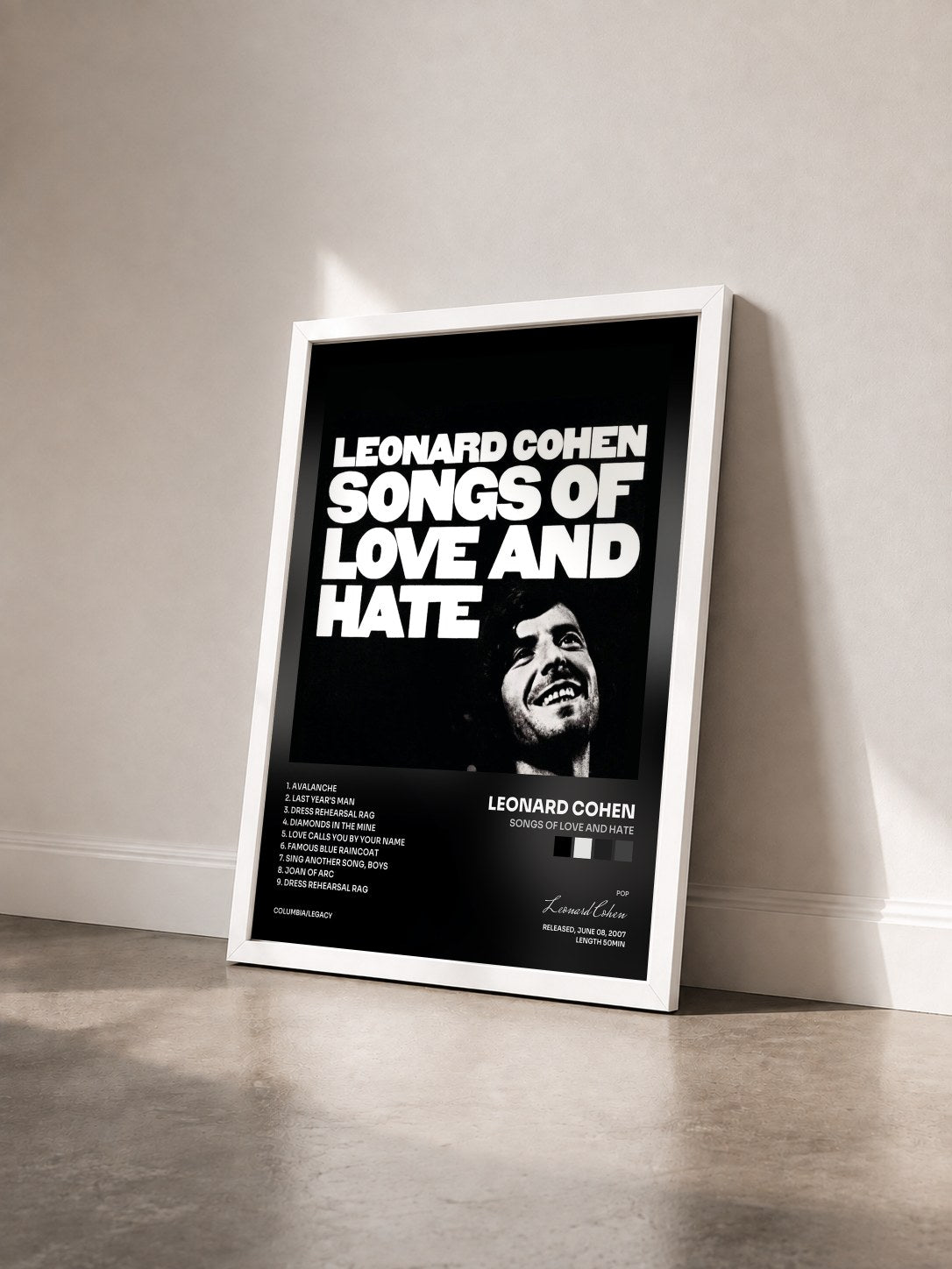 #blanc Tableau de l'album Songs Of Love And Hate de Leonard Cohen vu de trois quarts, cadre blanc