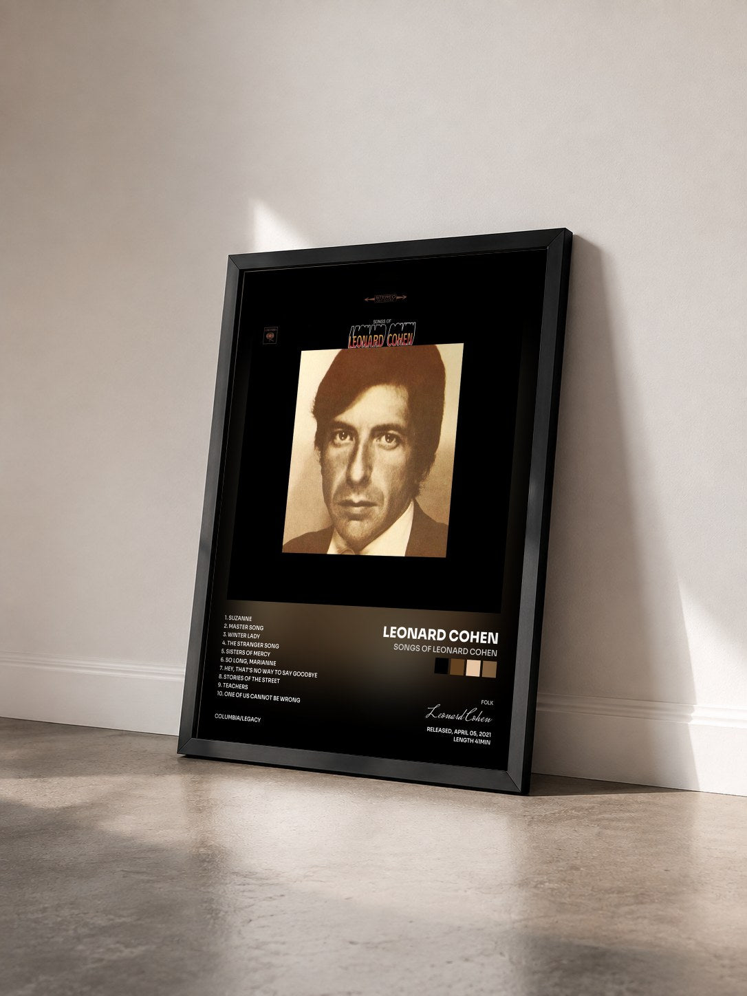#noir Tableau de l'album Songs Of Leonard Cohen de Leonard Cohen vu de trois quarts, cadre noir