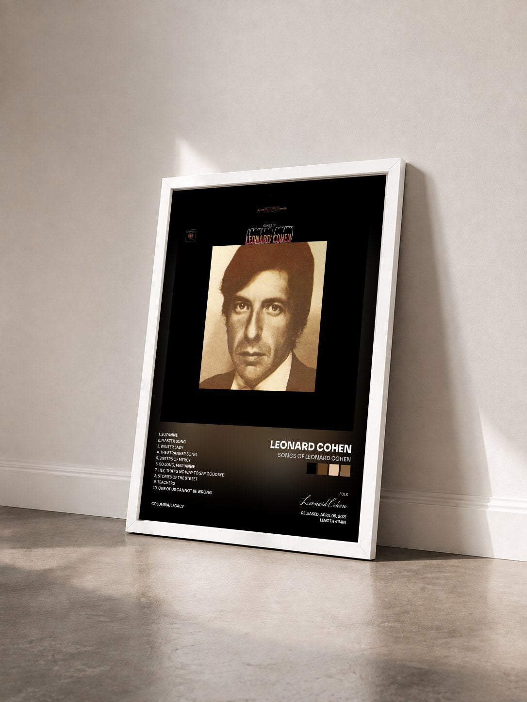 #blanc Tableau de l'album Songs Of Leonard Cohen de Leonard Cohen vu de trois quarts, cadre blanc