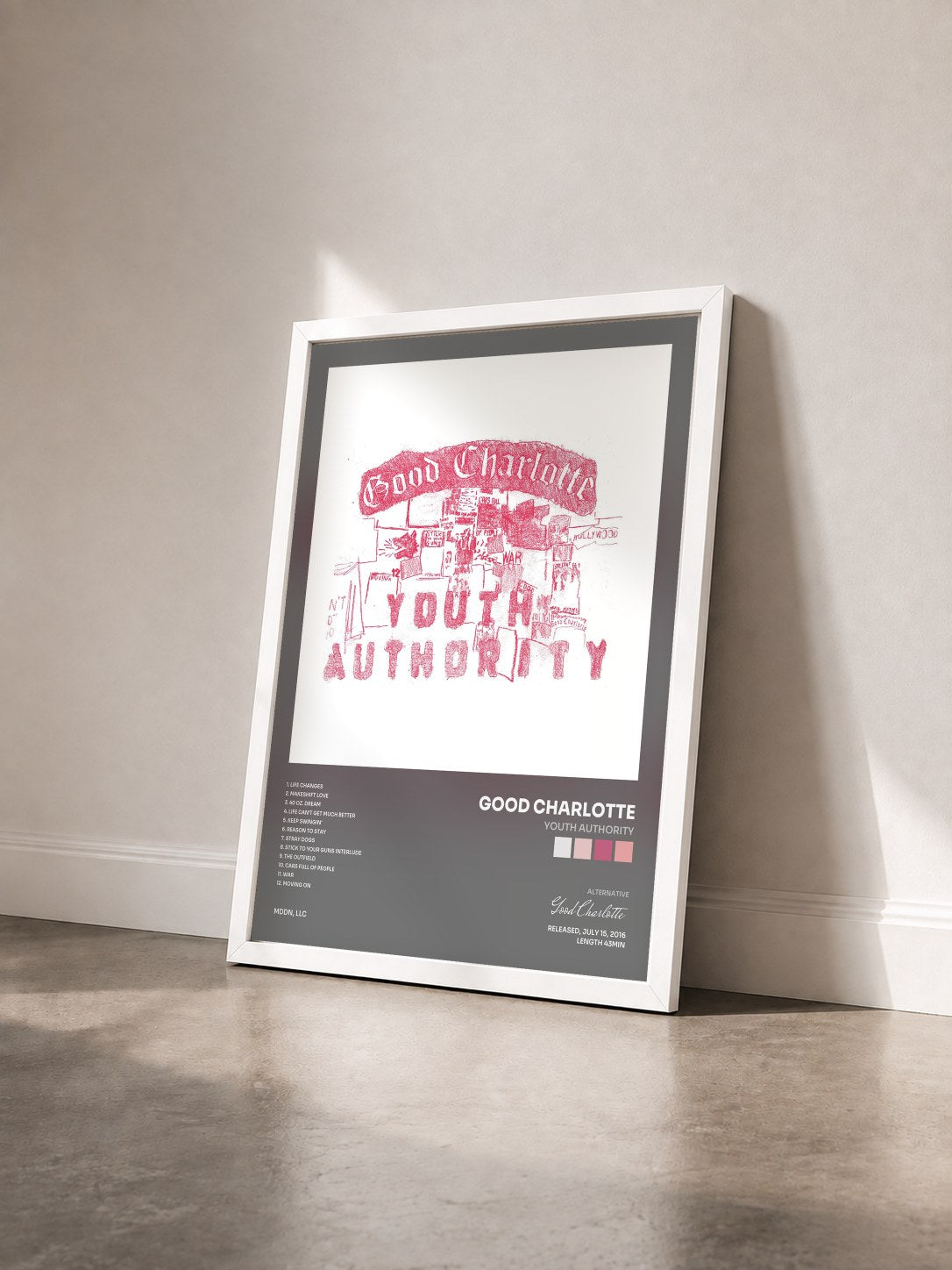 #blanc Youth Authority de Good Charlotte en lámina enmarcada vista de tres cuartos, marco blanco