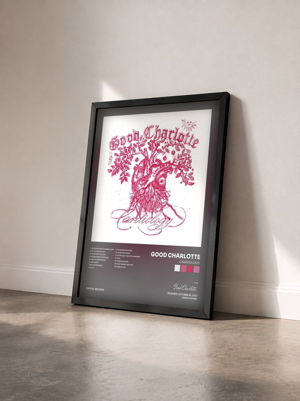 #noir Cardiology by Good Charlotte as a framed art print seen at an angle, black frame