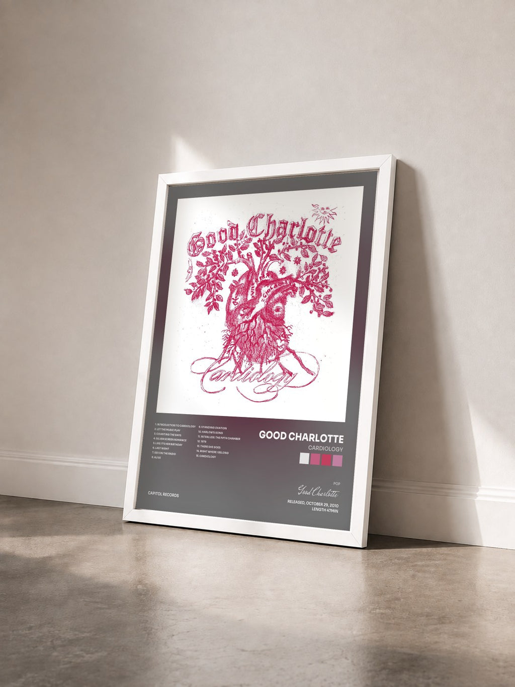 #blanc Cardiology by Good Charlotte as a framed art print seen at an angle, white frame