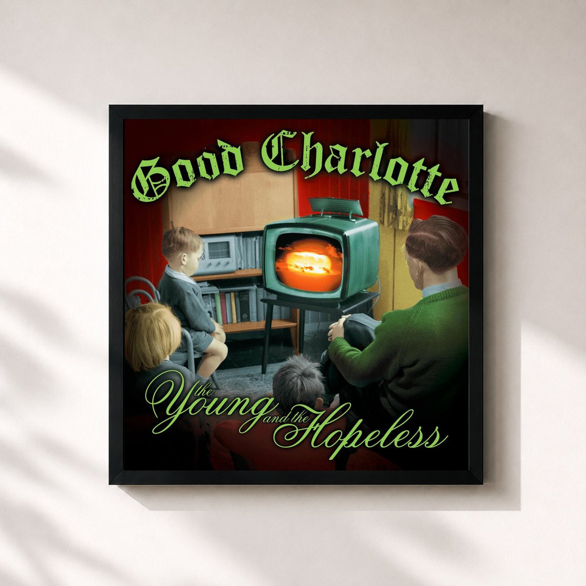 #noir The Young and The Hopeless de Good Charlotte en lámina cuadrada enmarcada, marco negro de 32x32 cm