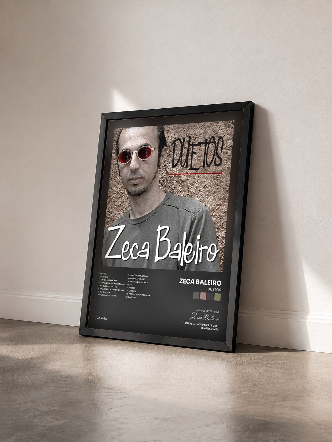 #noir Tableau de l'album Duetos de Zeca Baleiro vu de trois quarts, cadre noir