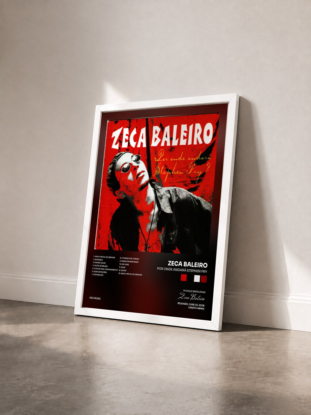 #blanc Tableau de l'album Por Onde Andará Stephen Fry de Zeca Baleiro vu de trois quarts, cadre blanc