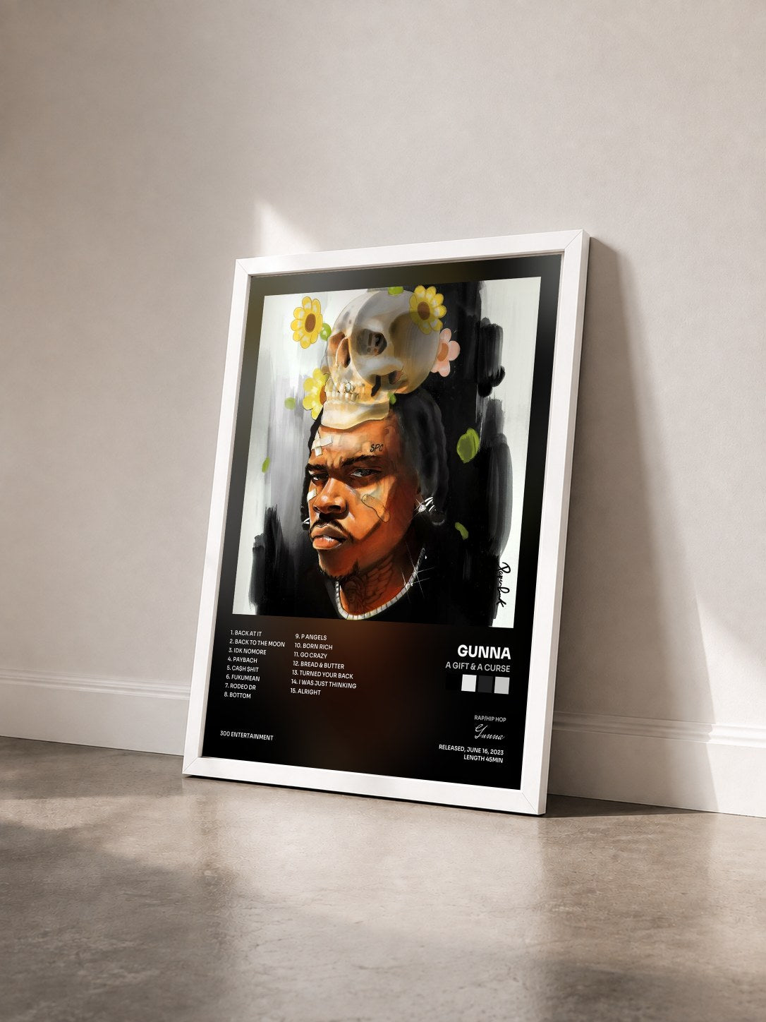 #blanc Tableau de l'album a Gift & a Curse de Gunna vu de trois quarts, cadre blanc