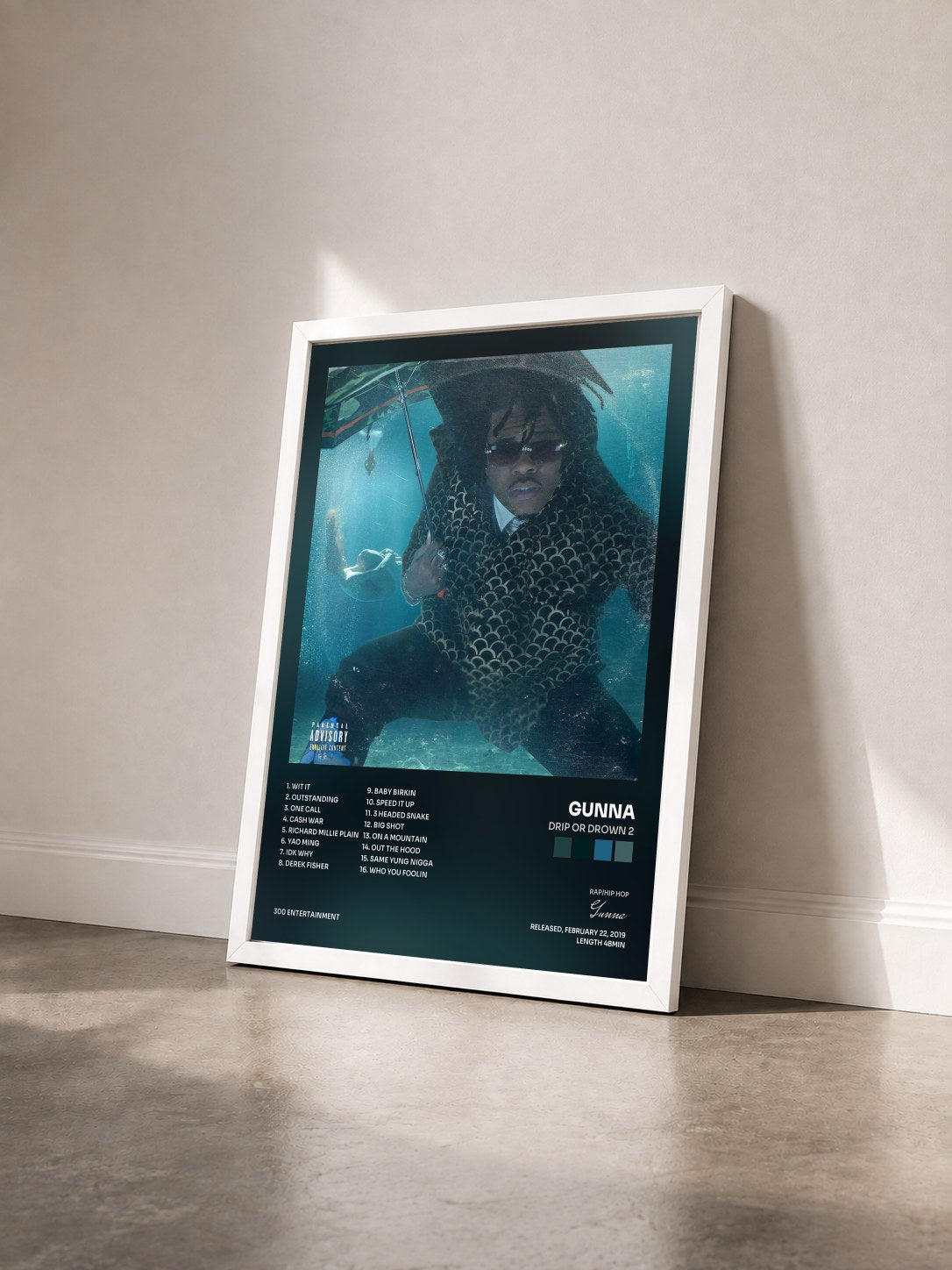 #blanc Tableau de l'album Drip or Drown 2 de Gunna vu de trois quarts, cadre blanc