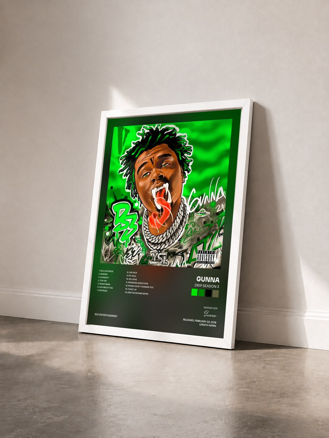 #blanc Tableau de l'album Drip Season 3 de Gunna vu de trois quarts, cadre blanc