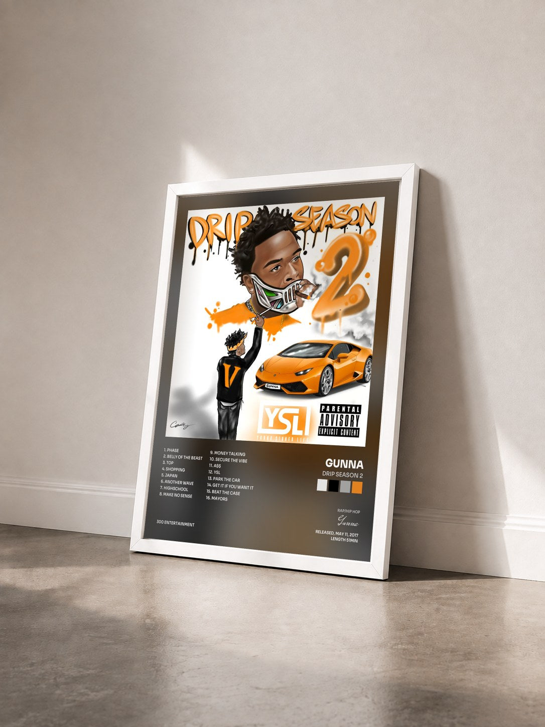#blanc Tableau de l'album Drip Season 2 de Gunna vu de trois quarts, cadre blanc