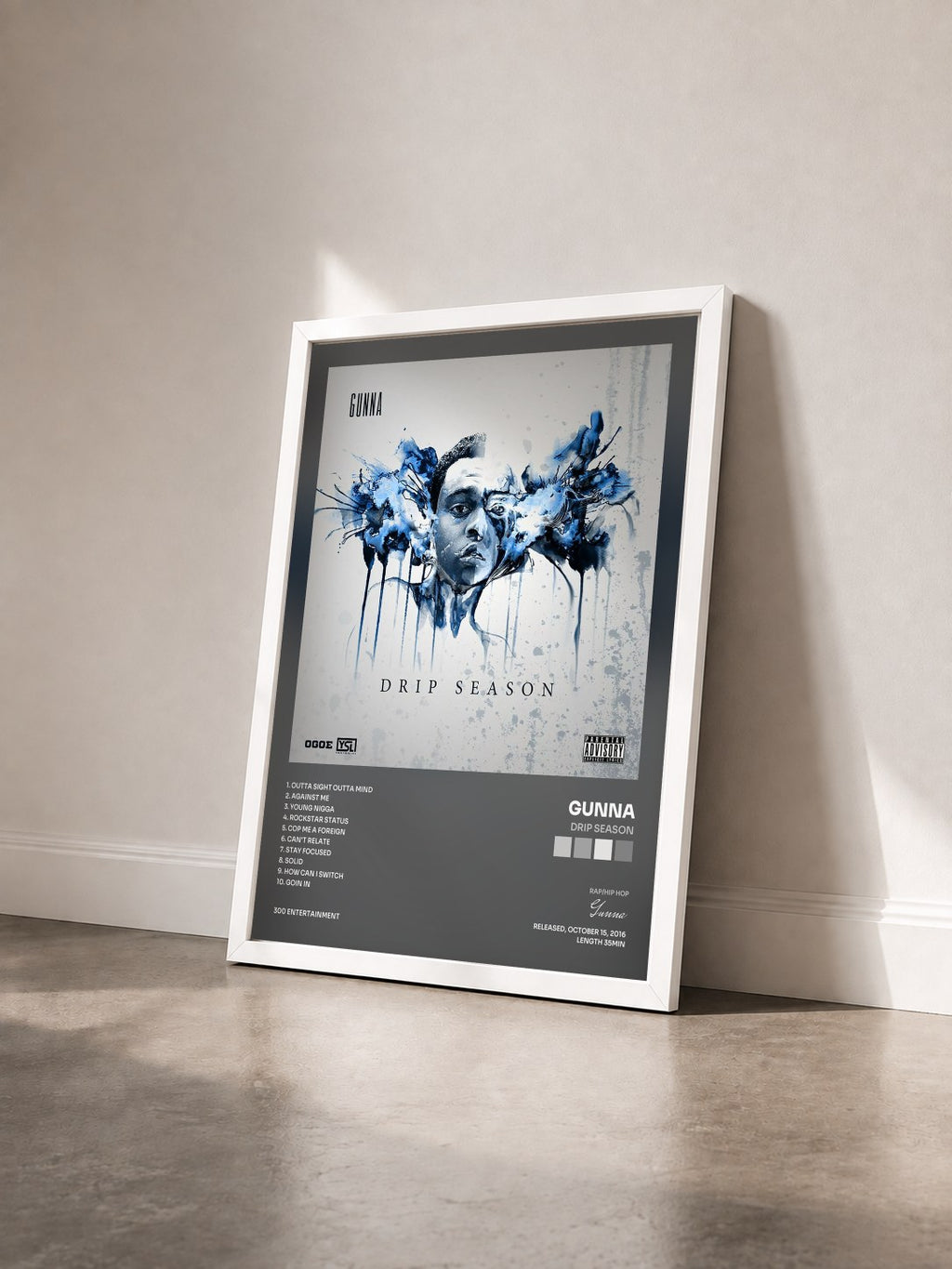 #blanc Tableau de l'album Drip Season de Gunna vu de trois quarts, cadre blanc