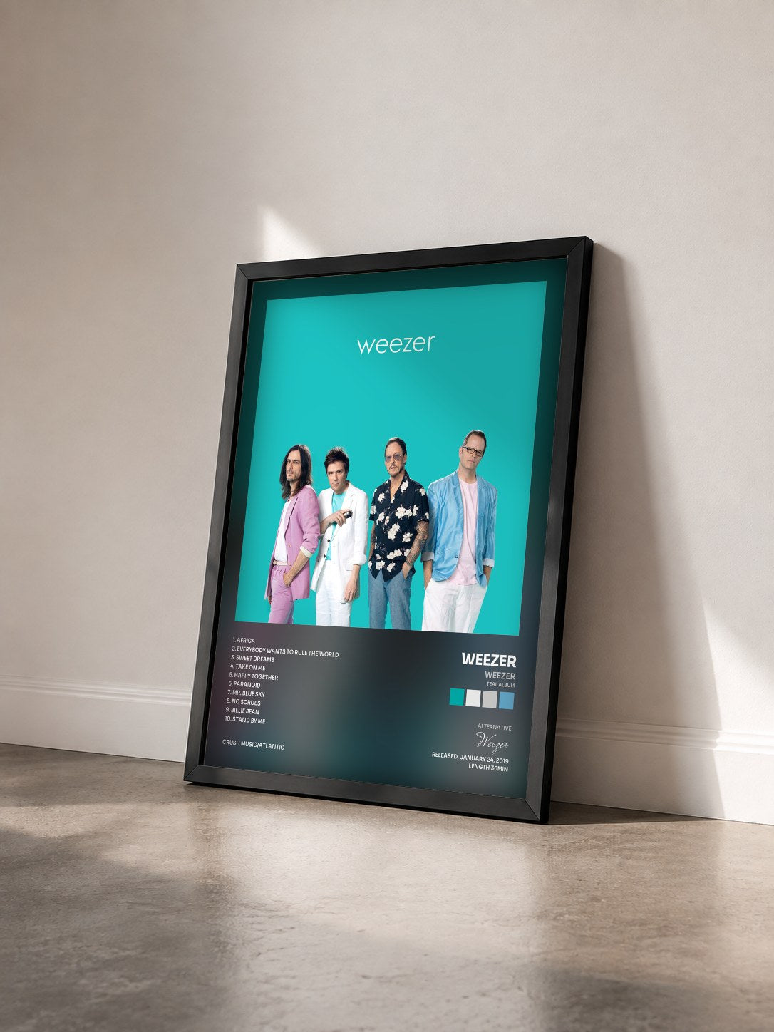 #noir Tableau de l'album Weezer (Teal Album) de Weezer vu de trois quarts, cadre noir