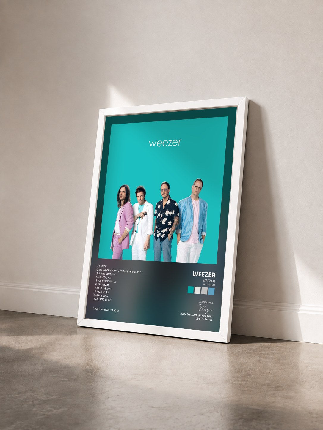 #blanc Tableau de l'album Weezer (Teal Album) de Weezer vu de trois quarts, cadre blanc