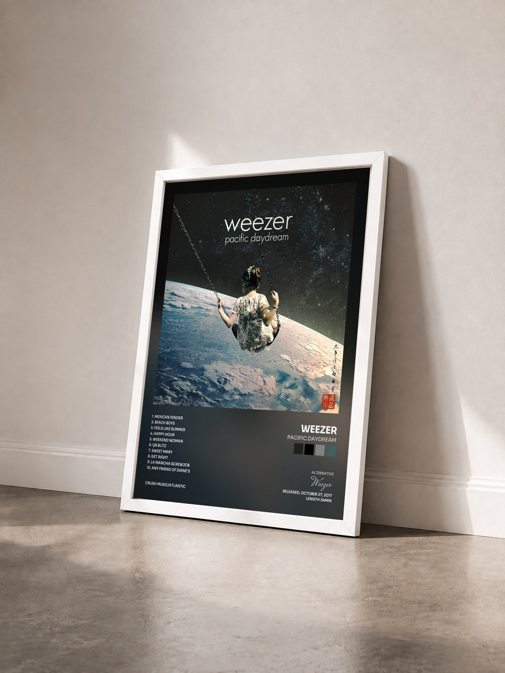 #blanc Tableau de l'album Pacific Daydream de Weezer vu de trois quarts, cadre blanc
