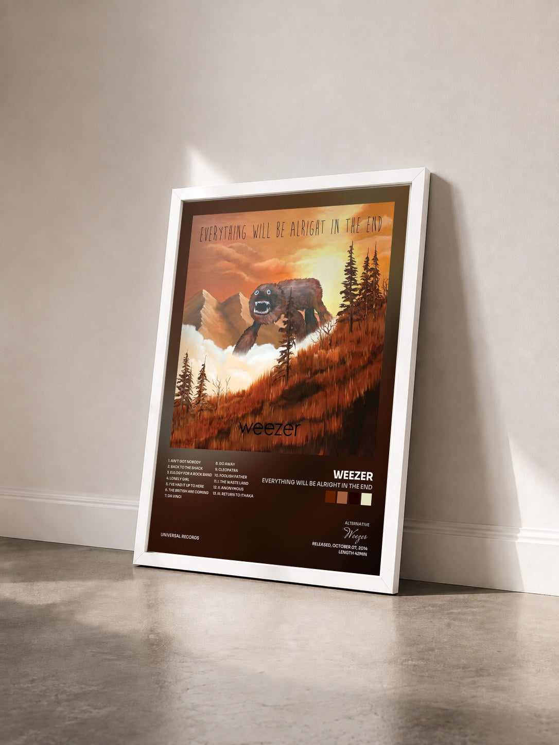 #blanc Tableau de l'album Everything Will Be Alright In The End de Weezer vu de trois quarts, cadre blanc