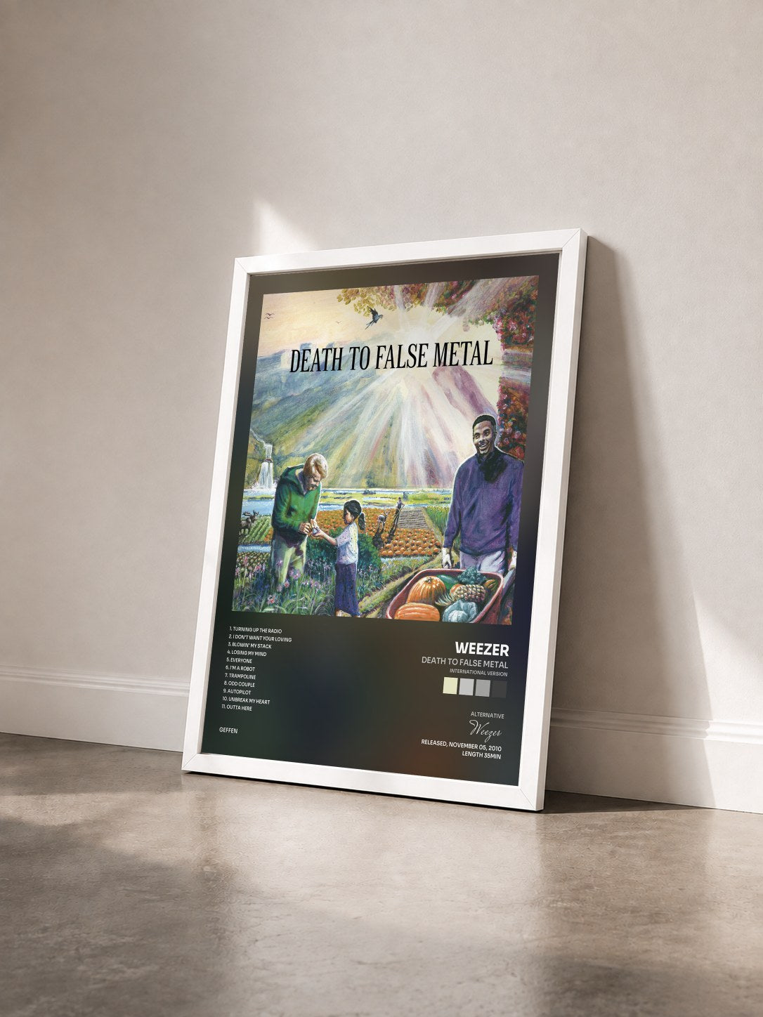 #blanc Tableau de l'album Death to False Metal (International Version) de Weezer vu de trois quarts, cadre blanc