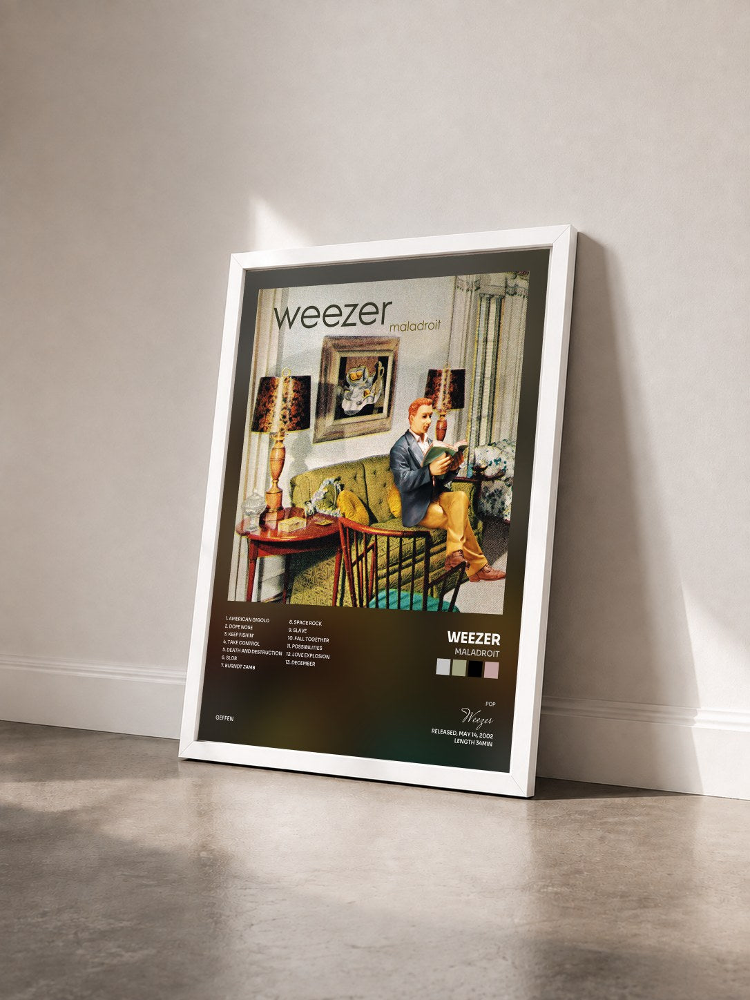 #blanc Tableau de l'album Maladroit de Weezer vu de trois quarts, cadre blanc