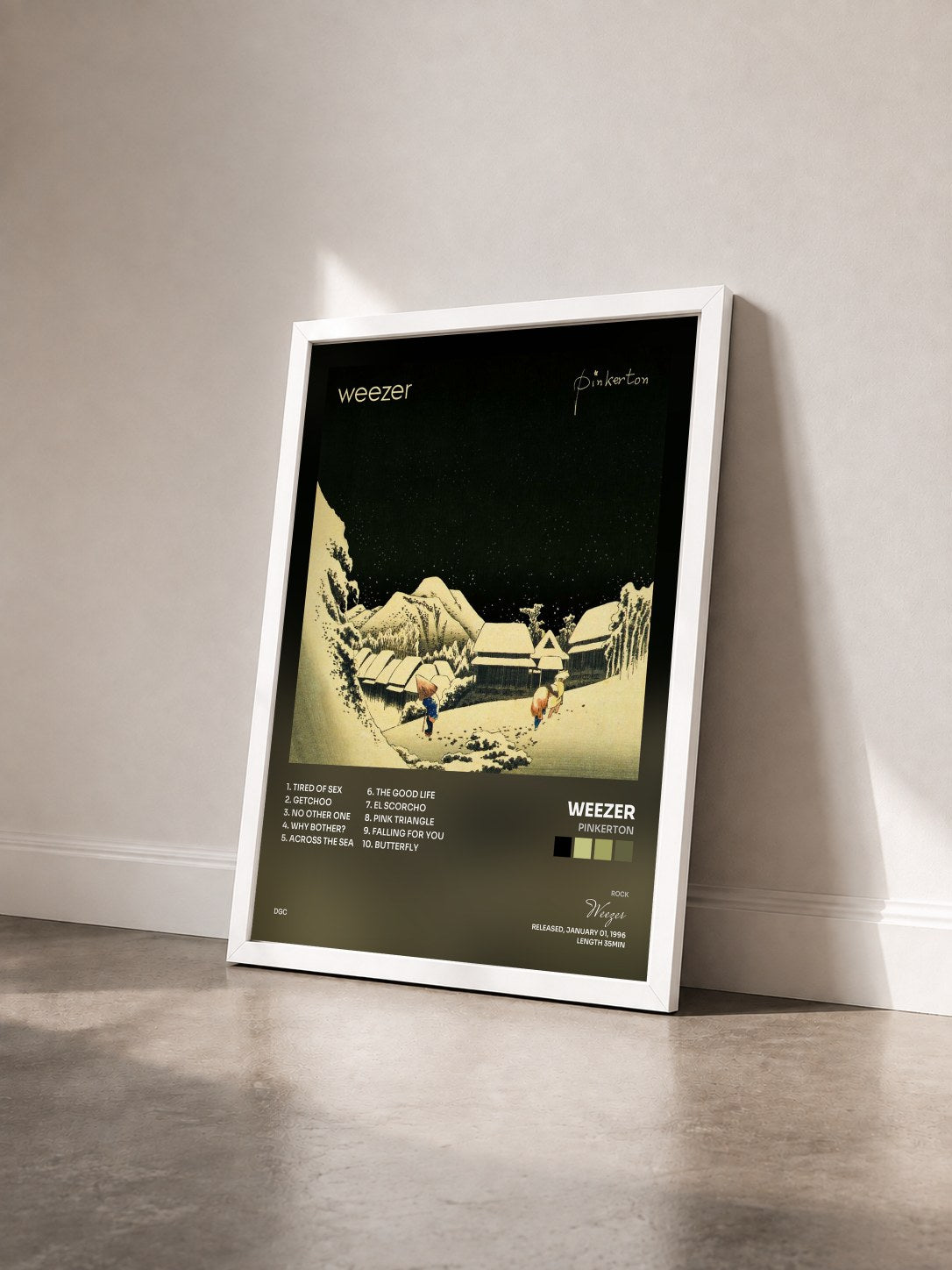 #blanc Tableau de l'album Pinkerton de Weezer vu de trois quarts, cadre blanc