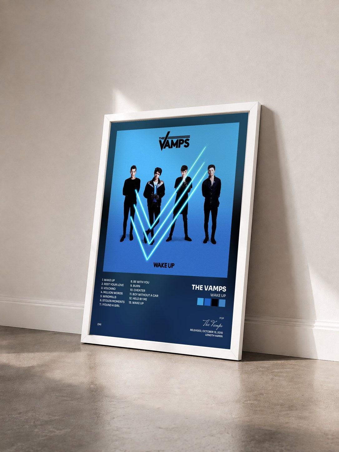 #blanc Tableau de l'album Wake Up de The Vamps vu de trois quarts, cadre blanc
