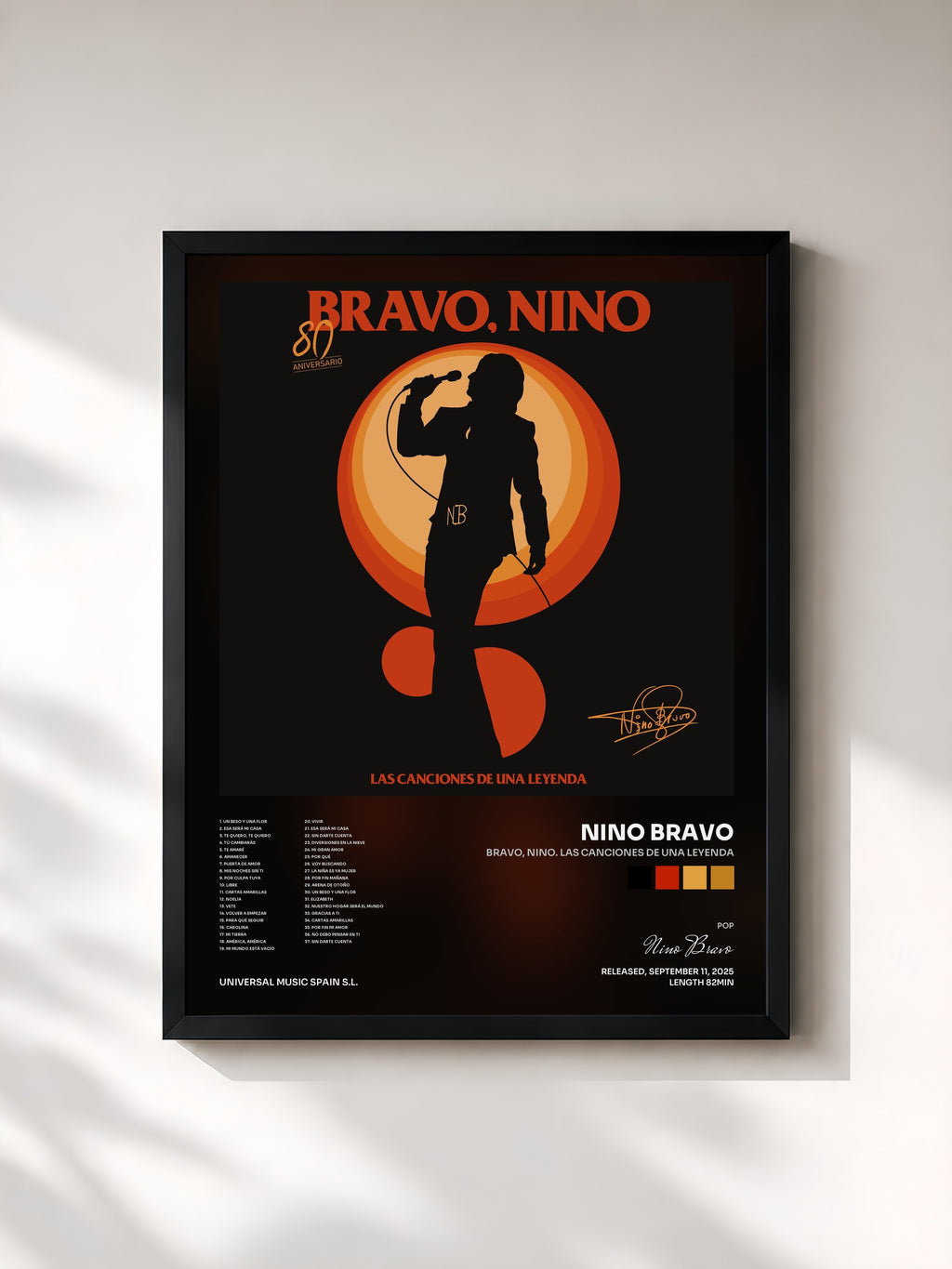 #noir Tableau de l'album Bravo, Nino. Las Canciones de una Leyenda de Nino Bravo, cadre noir, imprimé et encadré en France