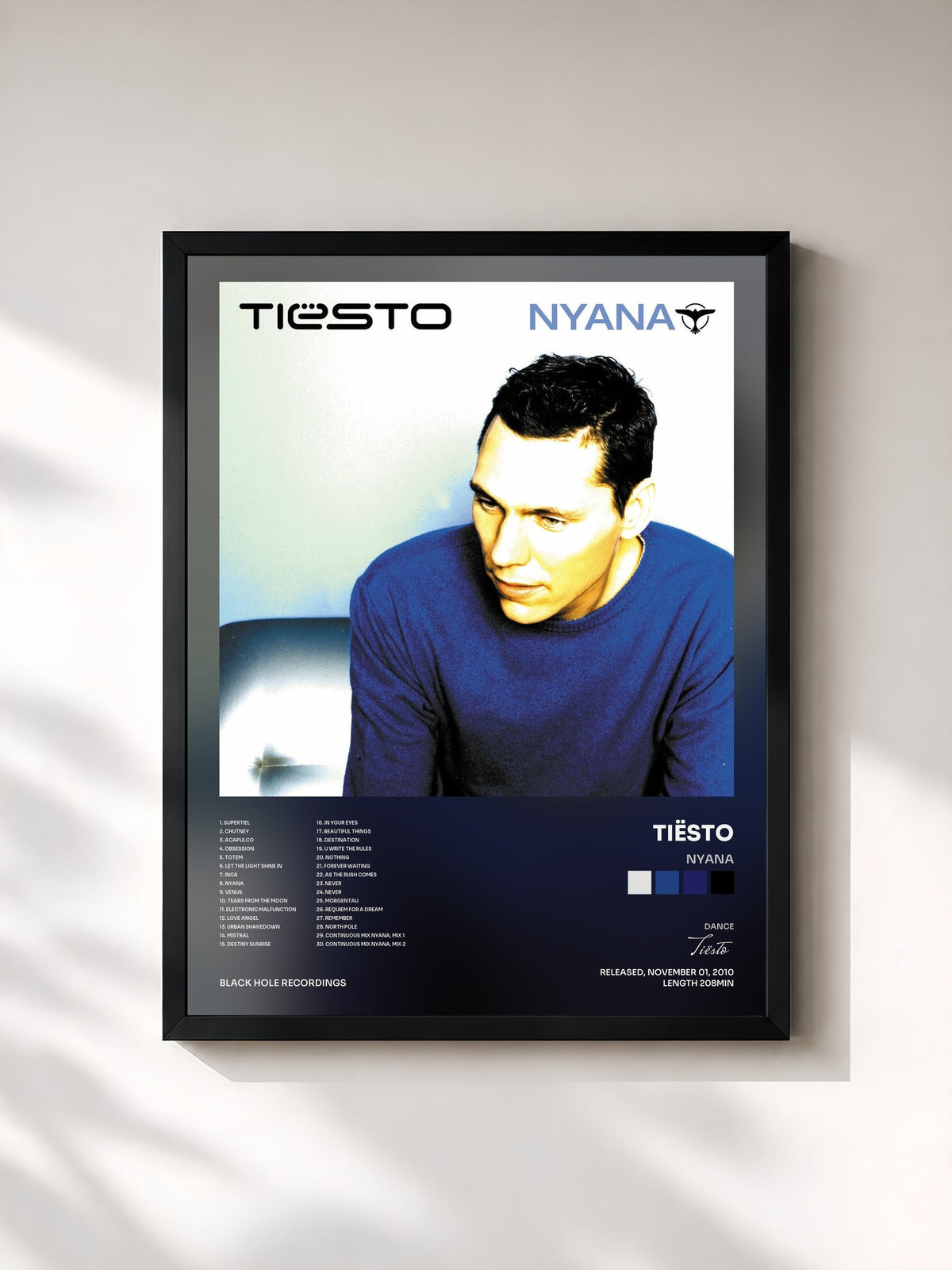 #noir Tableau de l'album Nyana de Tiësto, cadre noir, imprimé et encadré en France