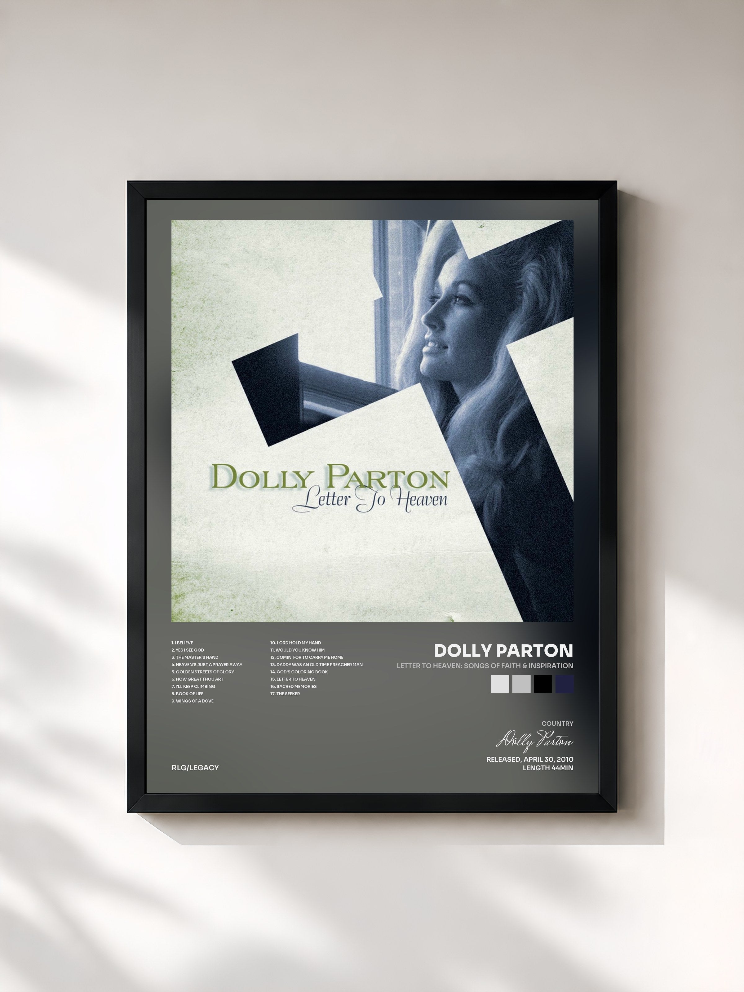 #noir Tableau de l'album Letter To Heaven: Songs Of Faith & Inspiration de Dolly Parton, cadre noir, imprimé et encadré en France