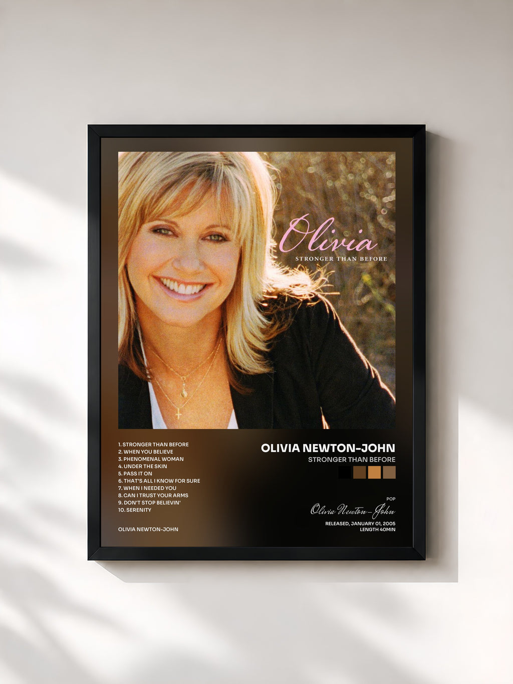 #noir Tableau de l'album Stronger Than Before de Olivia Newton-John, cadre noir, imprimé et encadré en France