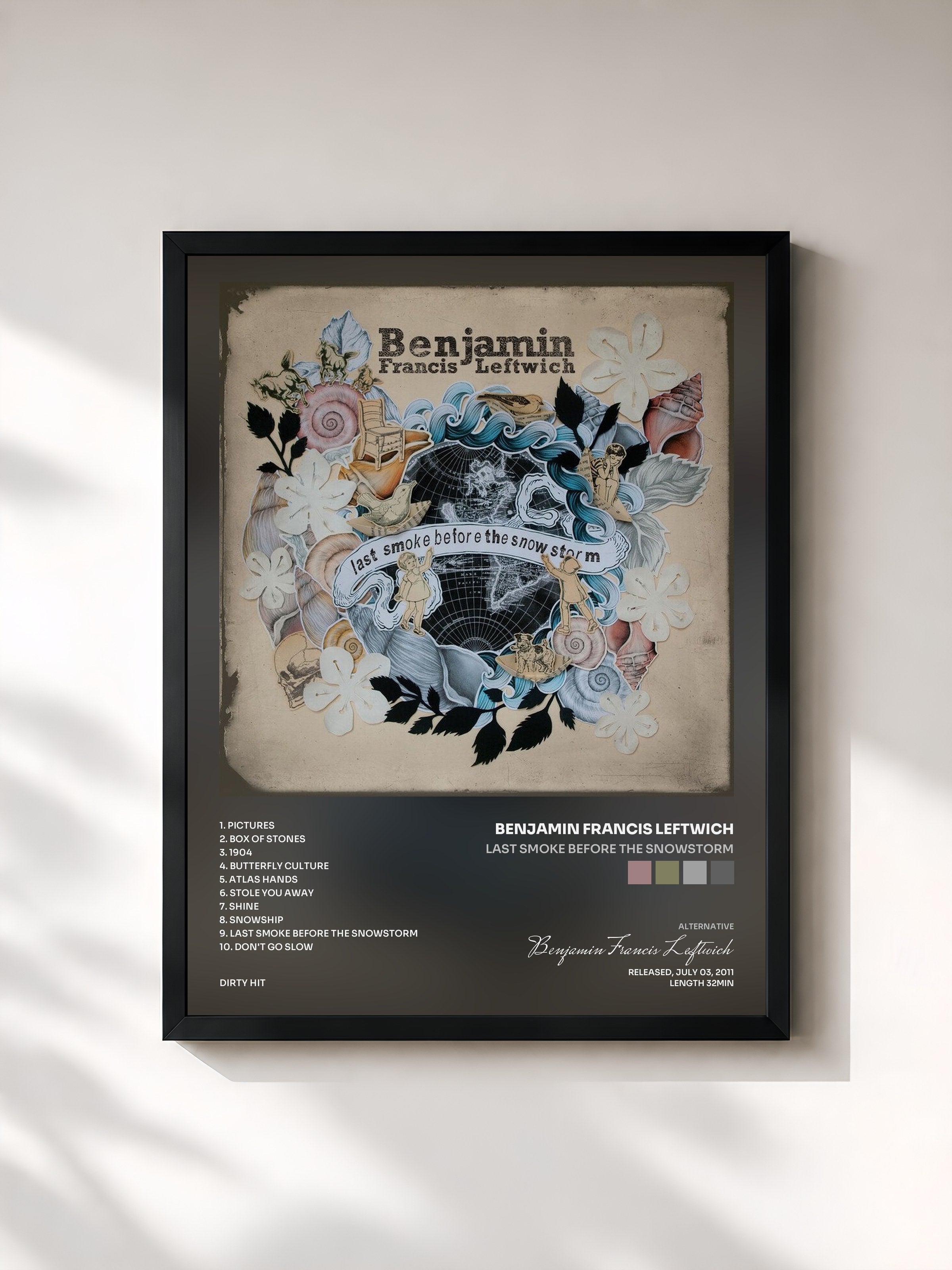 #noir Tableau de l'album Last Smoke Before The Snowstorm de Benjamin Francis Leftwich, cadre noir, imprimé et encadré en France