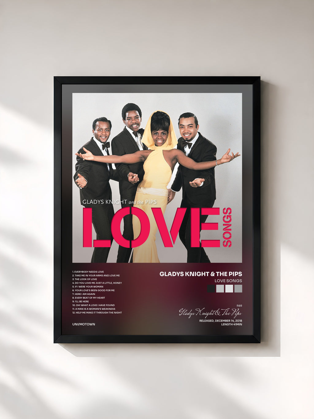 #noir Tableau de l'album Love Songs de Gladys Knight & The Pips, cadre noir, imprimé et encadré en France
