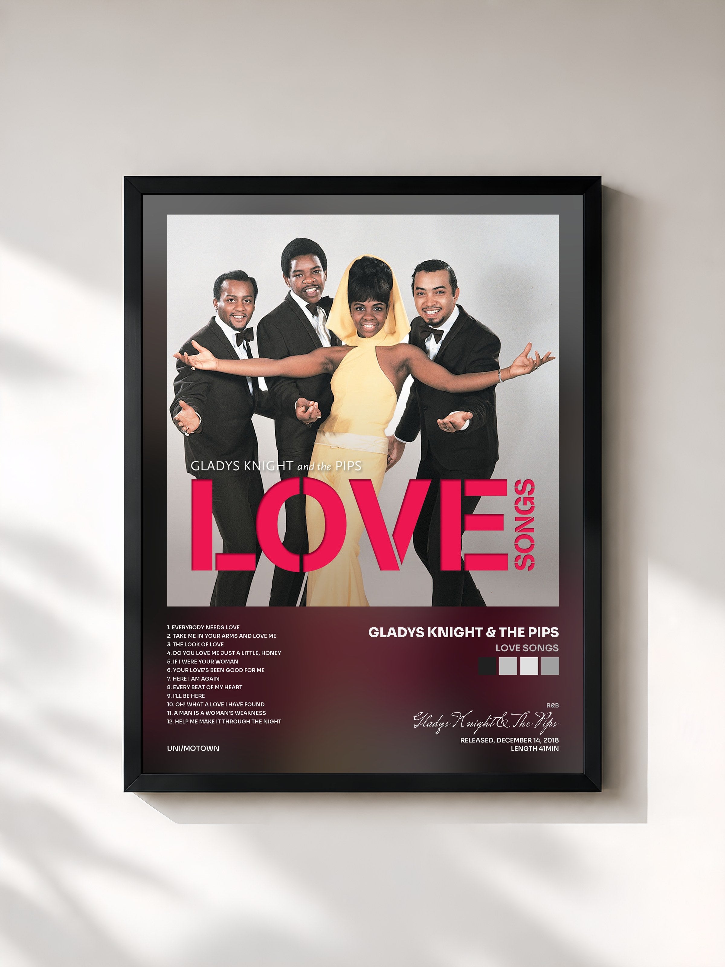 #noir Tableau de l'album Love Songs de Gladys Knight & The Pips, cadre noir, imprimé et encadré en France
