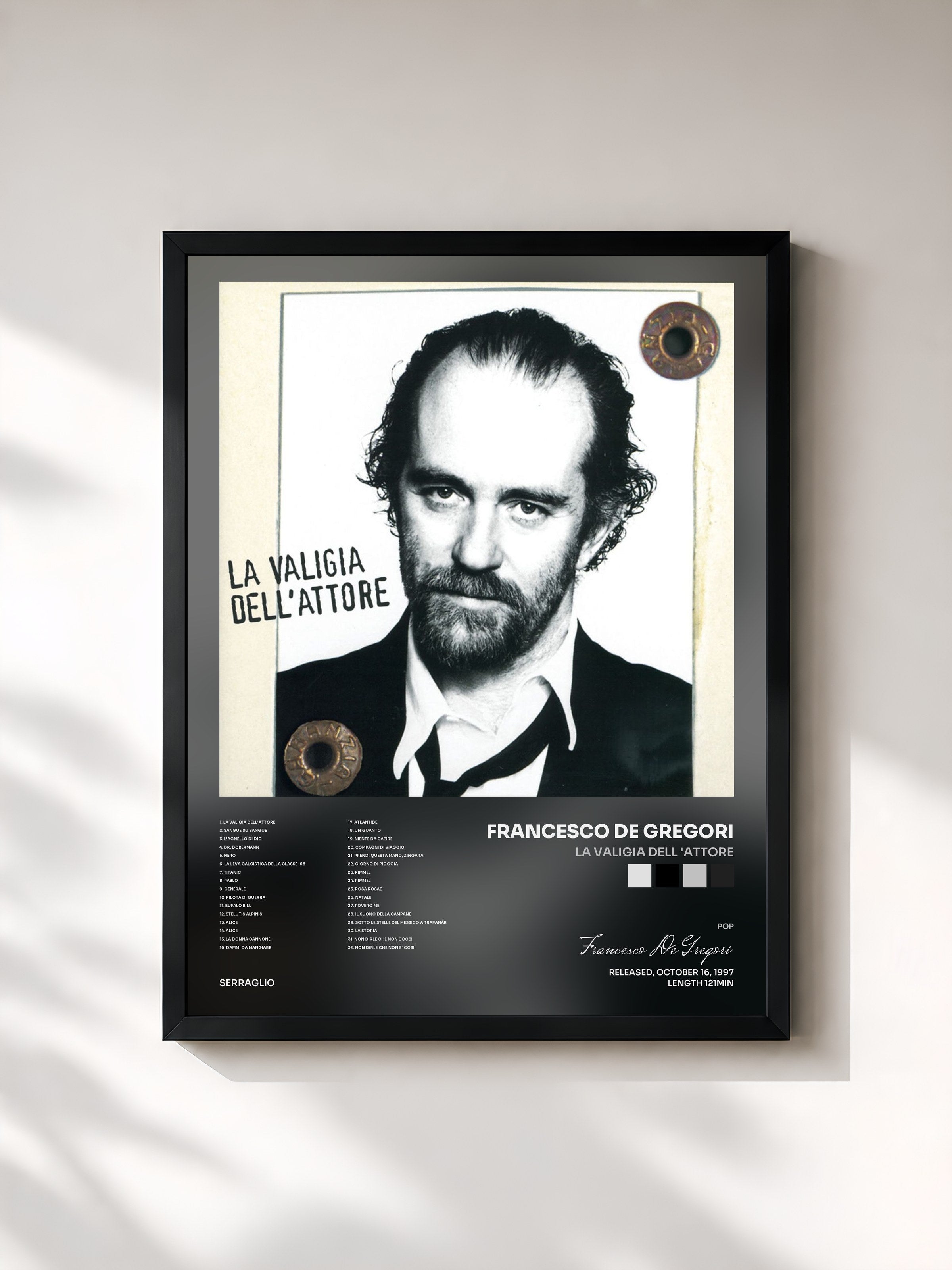 #noir Tableau de l'album La Valigia Dell 'Attore de Francesco De Gregori, cadre noir, imprimé et encadré en France
