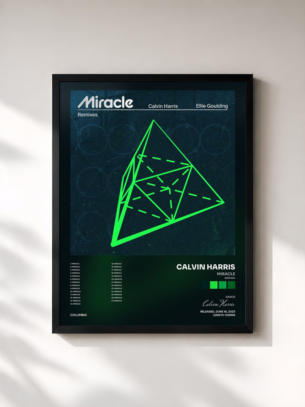 #noir Tableau de l'album Miracle (Remixes) de Calvin Harris, cadre noir, imprimé et encadré en France