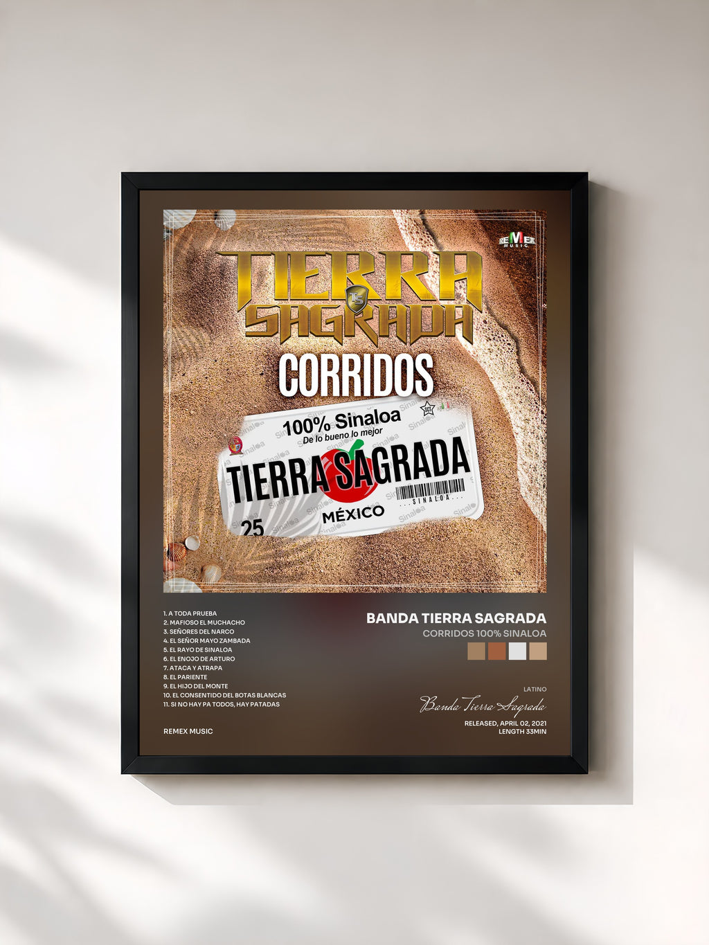 #noir Tableau de l'album Corridos 100% Sinaloa de Banda Tierra Sagrada, cadre noir, imprimé et encadré en France