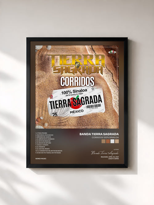 #noir Tableau de l'album Corridos 100% Sinaloa de Banda Tierra Sagrada, cadre noir, imprimé et encadré en France