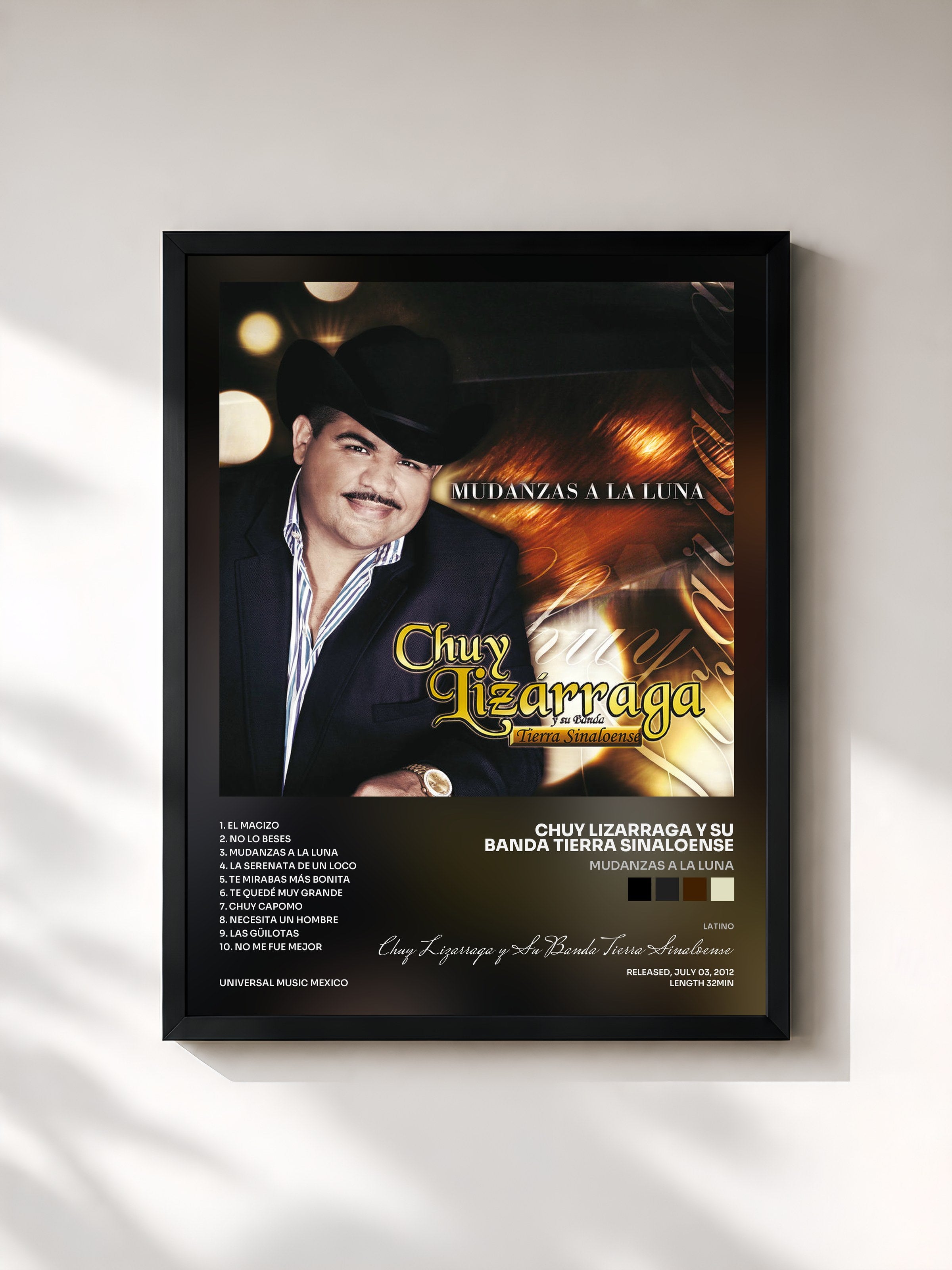 #noir Tableau de l'album Mudanzas A La Luna de Chuy Lizarraga y Su Banda Tierra Sinaloense, cadre noir, imprimé et encadré en France