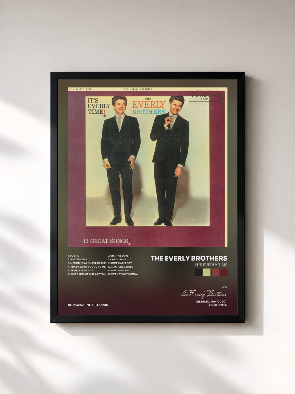 #noir Tableau de l'album It's Everly Time de The Everly Brothers, cadre noir, imprimé et encadré en France