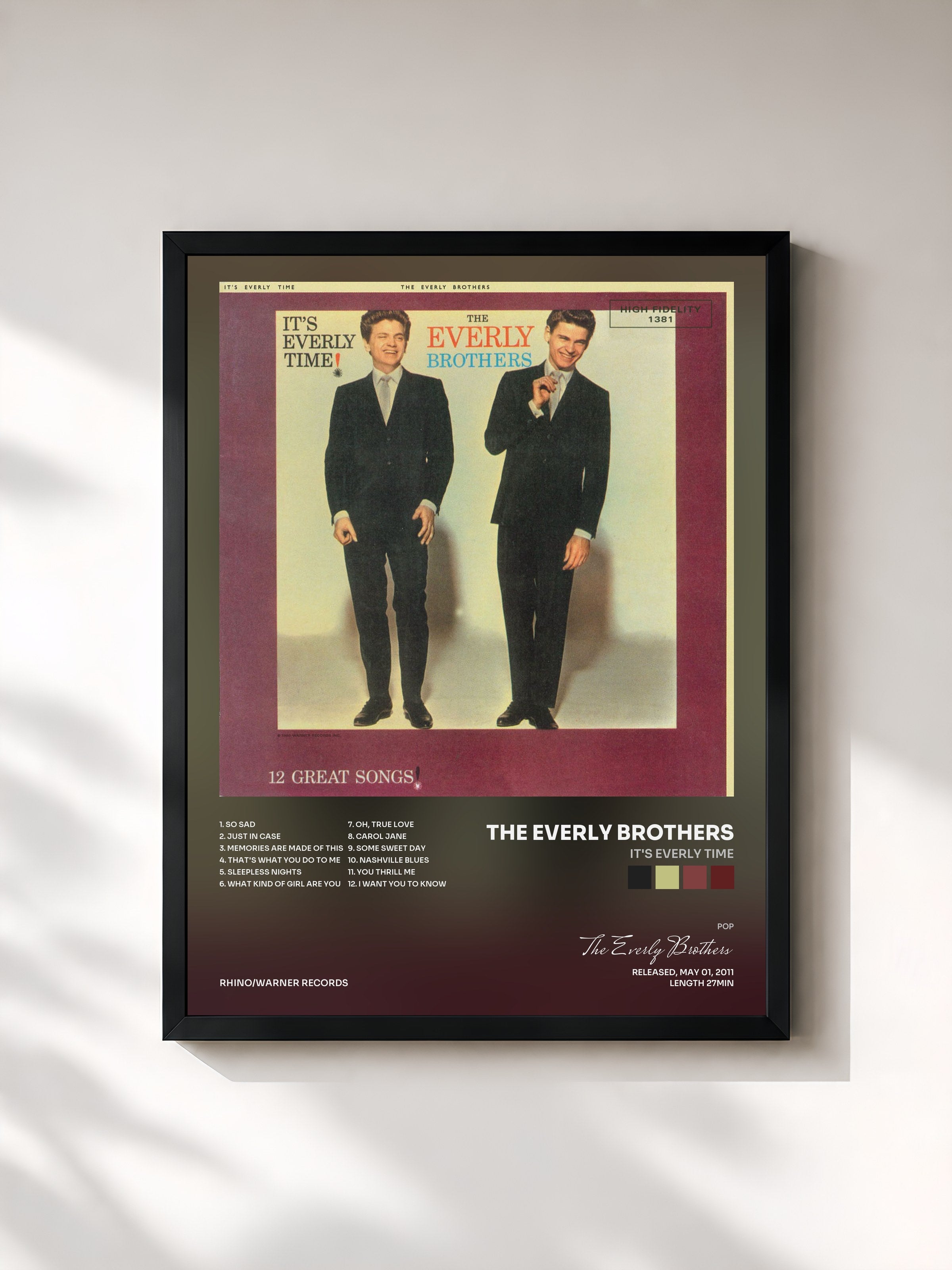 #noir Tableau de l'album It's Everly Time de The Everly Brothers, cadre noir, imprimé et encadré en France