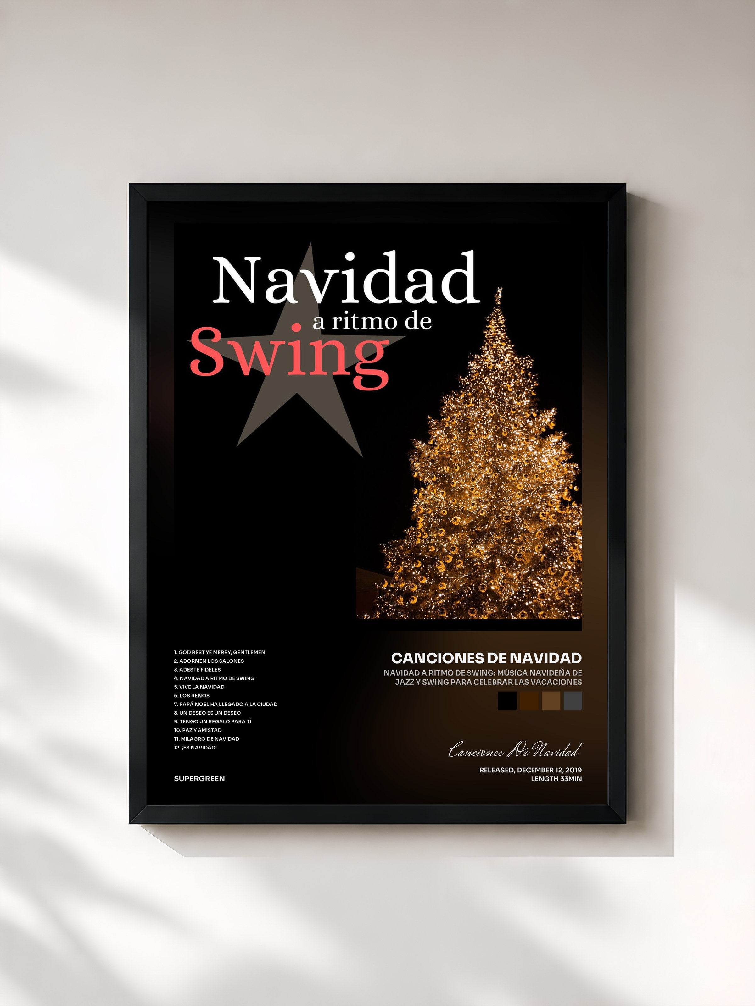 #noir Tableau de l'album Navidad a Ritmo de Swing: Música Navideña de Jazz y Swing para Celebrar las Vacaciones de Canciones De Navidad, cadre noir, imprimé et encadré en France