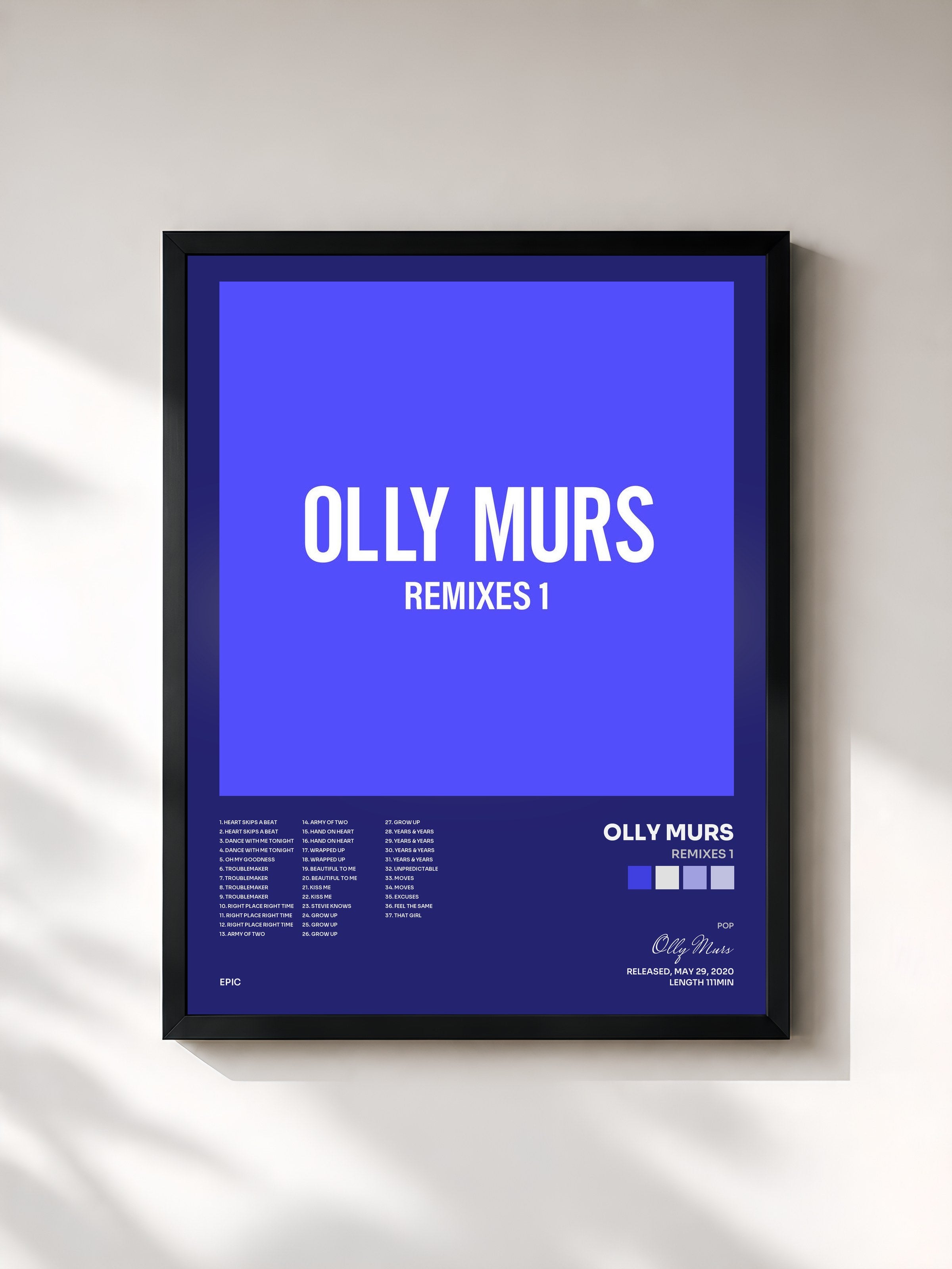 #noir Tableau de l'album Remixes 1 de Olly Murs, cadre noir, imprimé et encadré en France