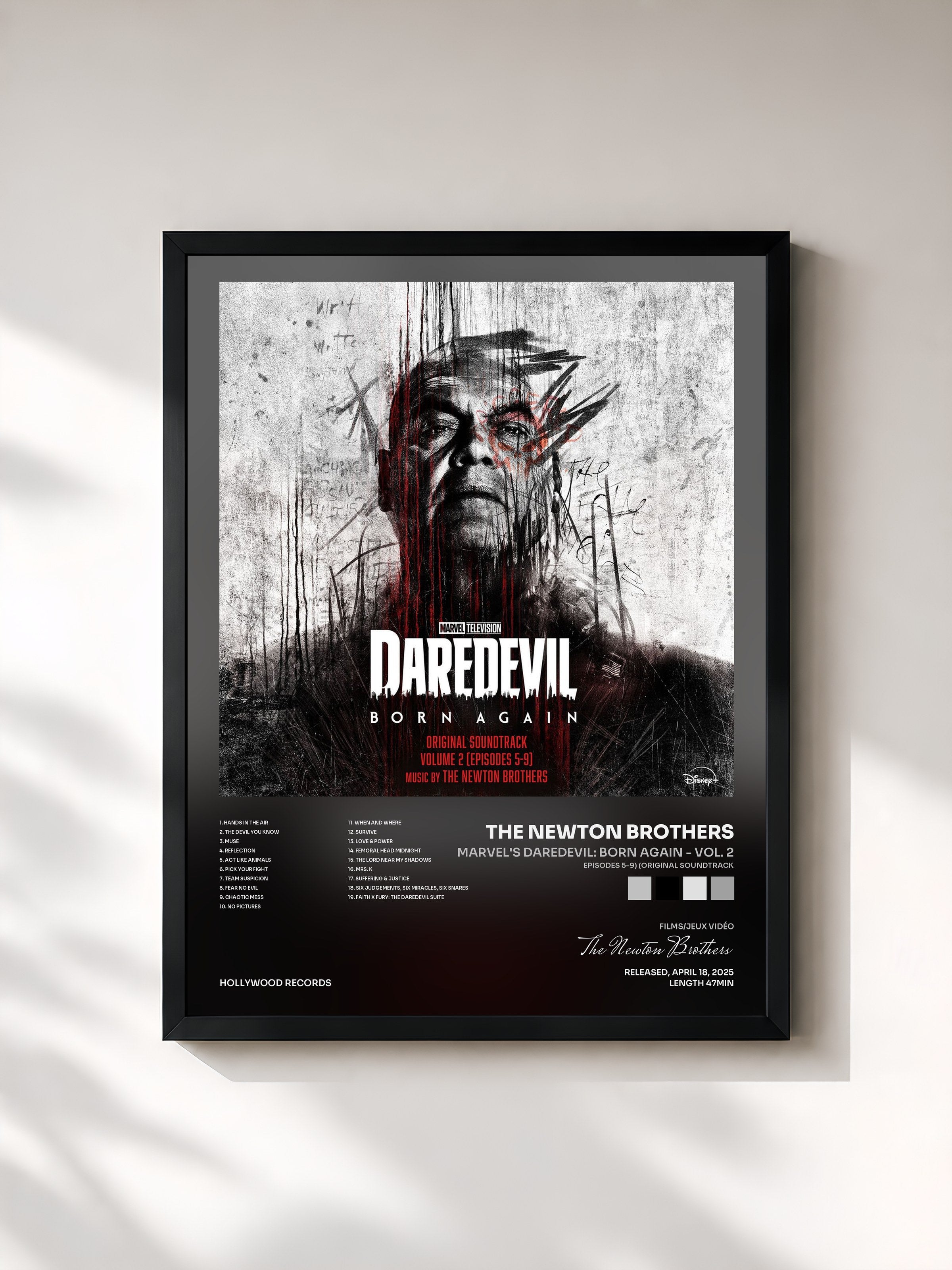 #noir Tableau de l'album Marvel's Daredevil: Born Again - Vol. 2 (Episodes 5-9) (Original Soundtrack) de The Newton Brothers, cadre noir, imprimé et encadré en France