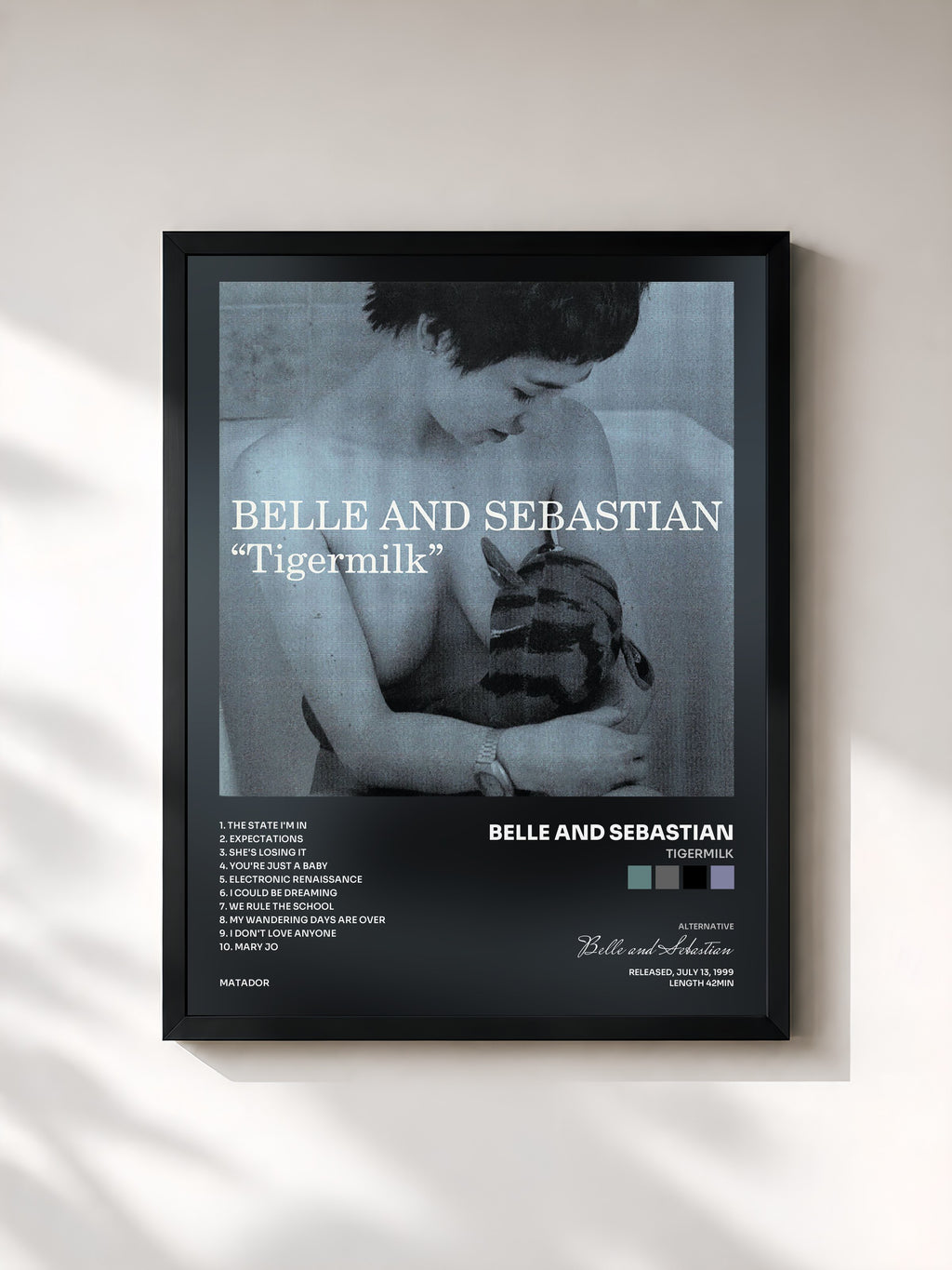 #noir Tableau de l'album Tigermilk de Belle and Sebastian, cadre noir, imprimé et encadré en France