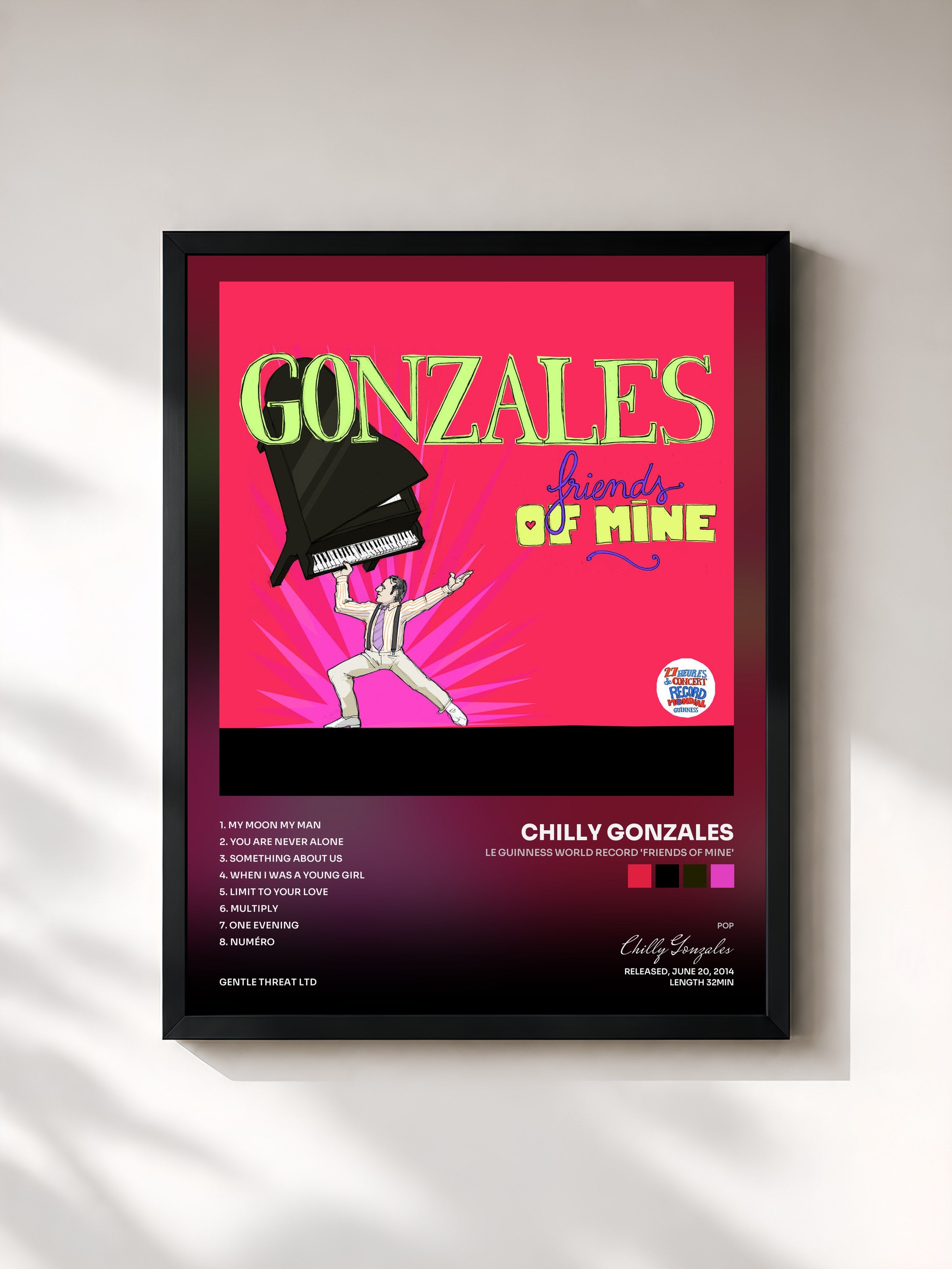 #noir Tableau de l'album Le Guinness World Record 'Friends of Mine' de Chilly Gonzales, cadre noir, imprimé et encadré en France