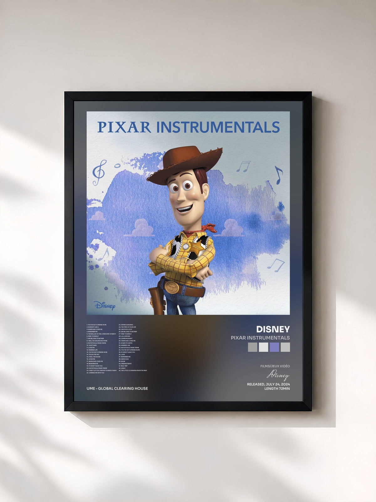 #noir Tableau de l'album Pixar Instrumentals de Disney, cadre noir, imprimé et encadré en France