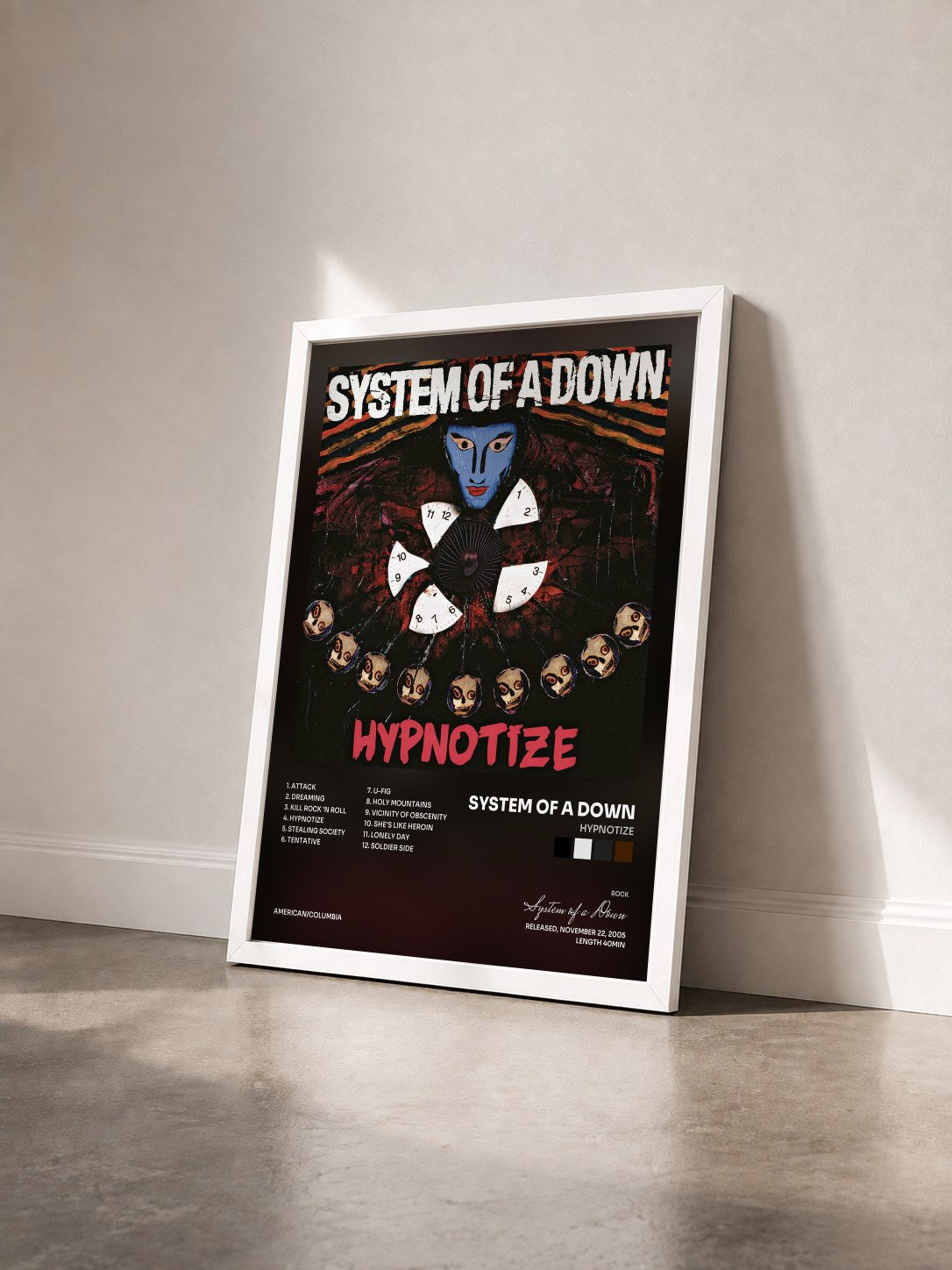#blanc Tableau de l'album Hypnotize de System of a Down vu de trois quarts, cadre blanc