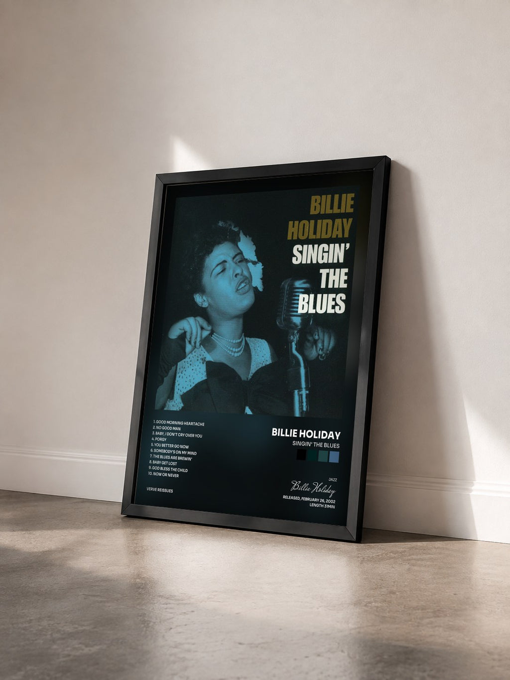 #noir Singin' The Blues de Billie Holiday en lámina enmarcada vista de tres cuartos, marco negro
